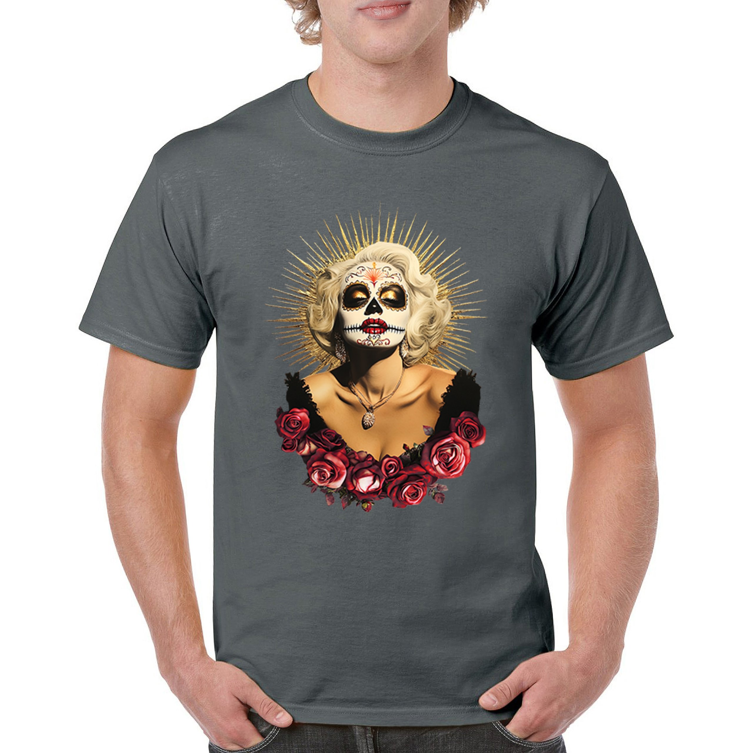 Golden Age Sugar Skull T-shirt Day of Dead Rose Dia de Los Muertos Men's Tee - Picture 79 of 113