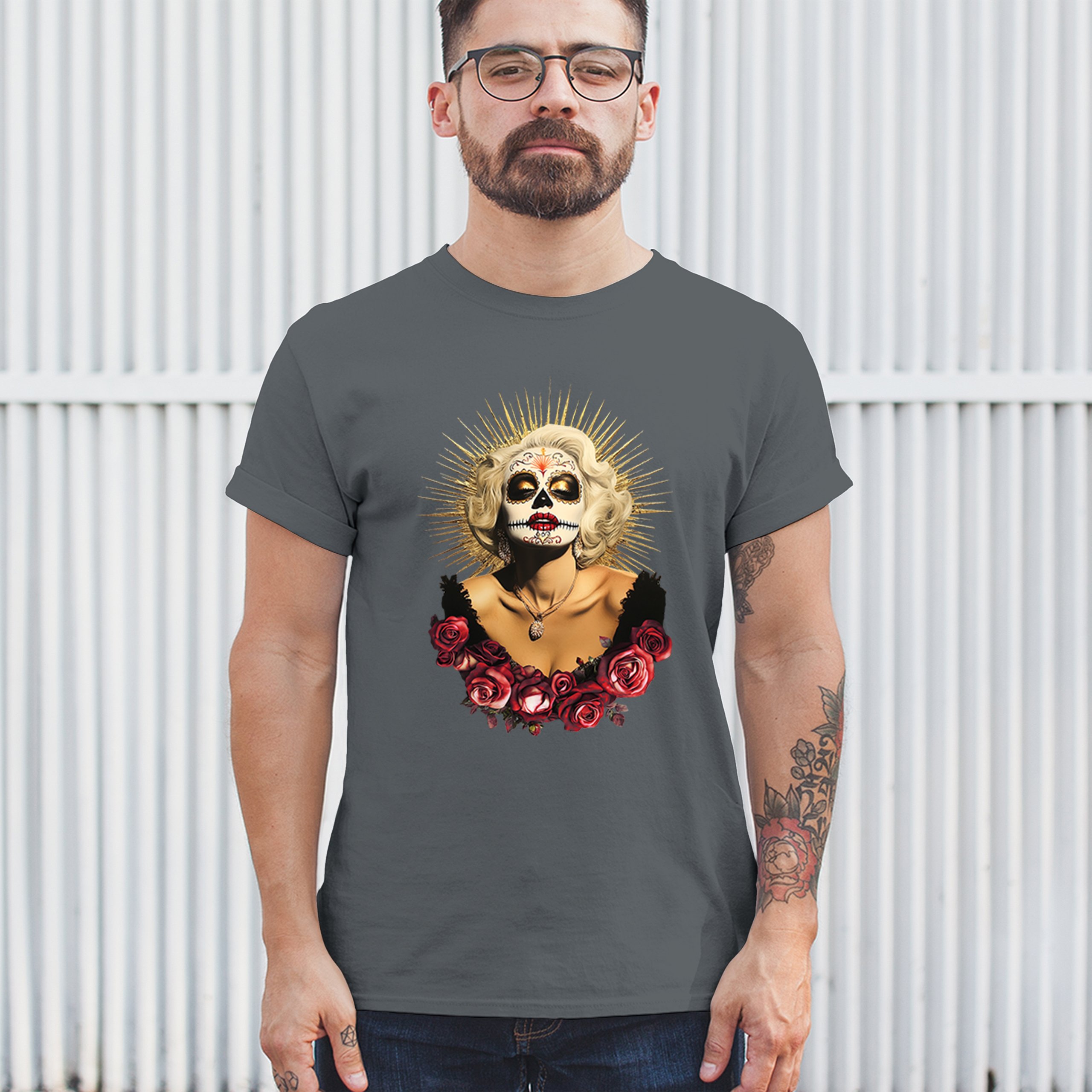 Golden Age Sugar Skull T-shirt Day of Dead Rose Dia de Los Muertos Men's Tee - Picture 82 of 113