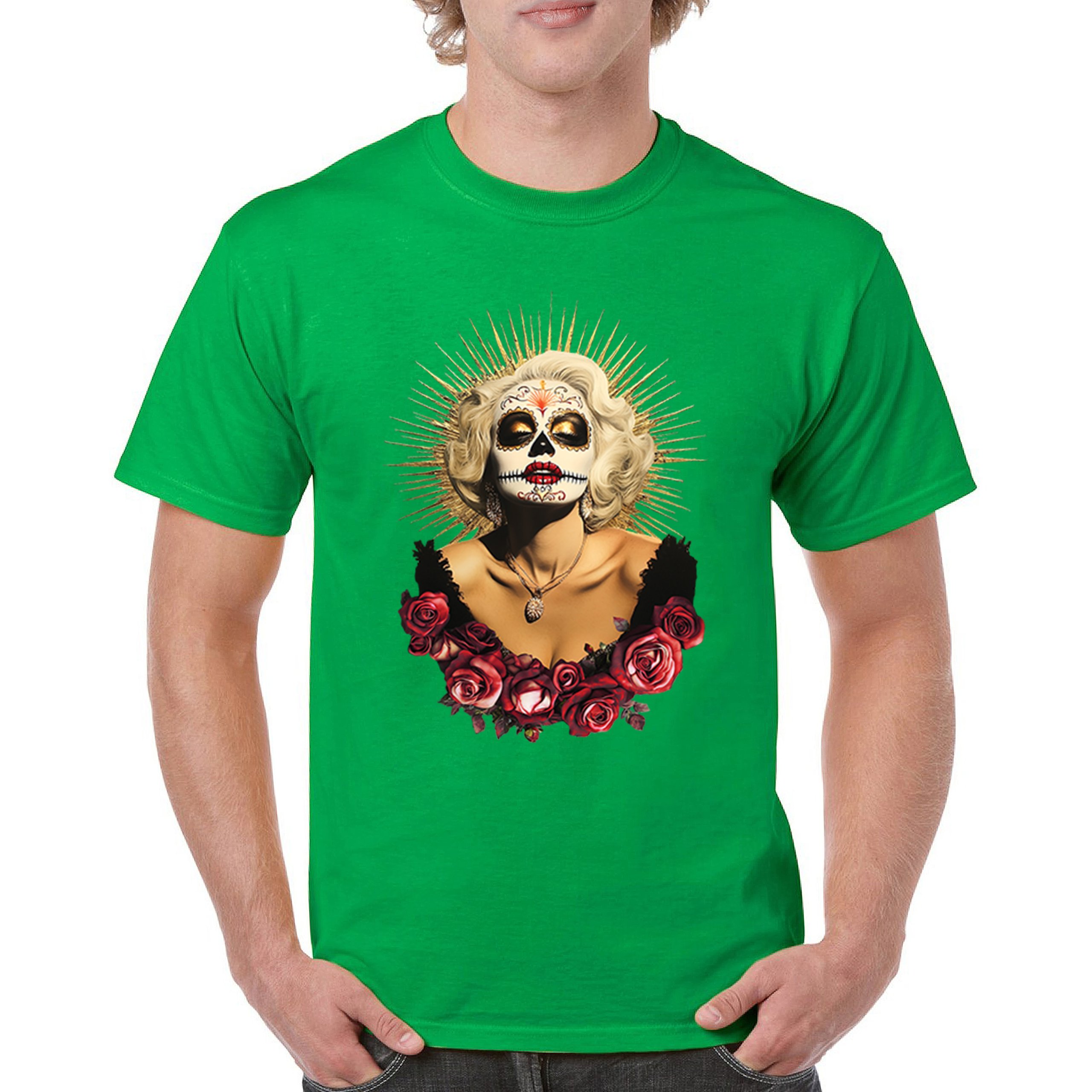 Golden Age Sugar Skull T-shirt Day of Dead Rose Dia de Los Muertos Men's Tee - Picture 58 of 113