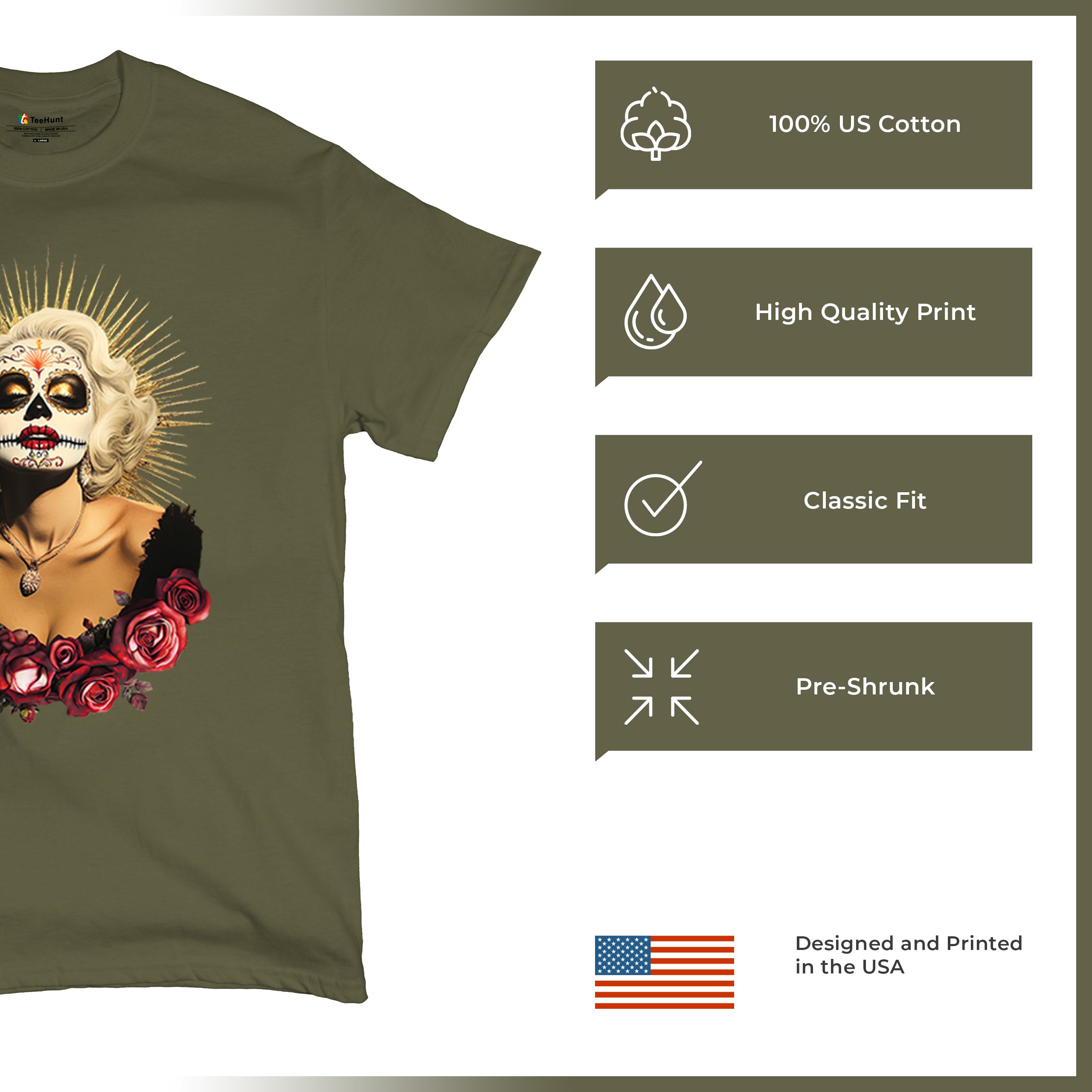 Golden Age Sugar Skull T-shirt Day of Dead Rose Dia de Los Muertos Men's Tee - Picture 98 of 113