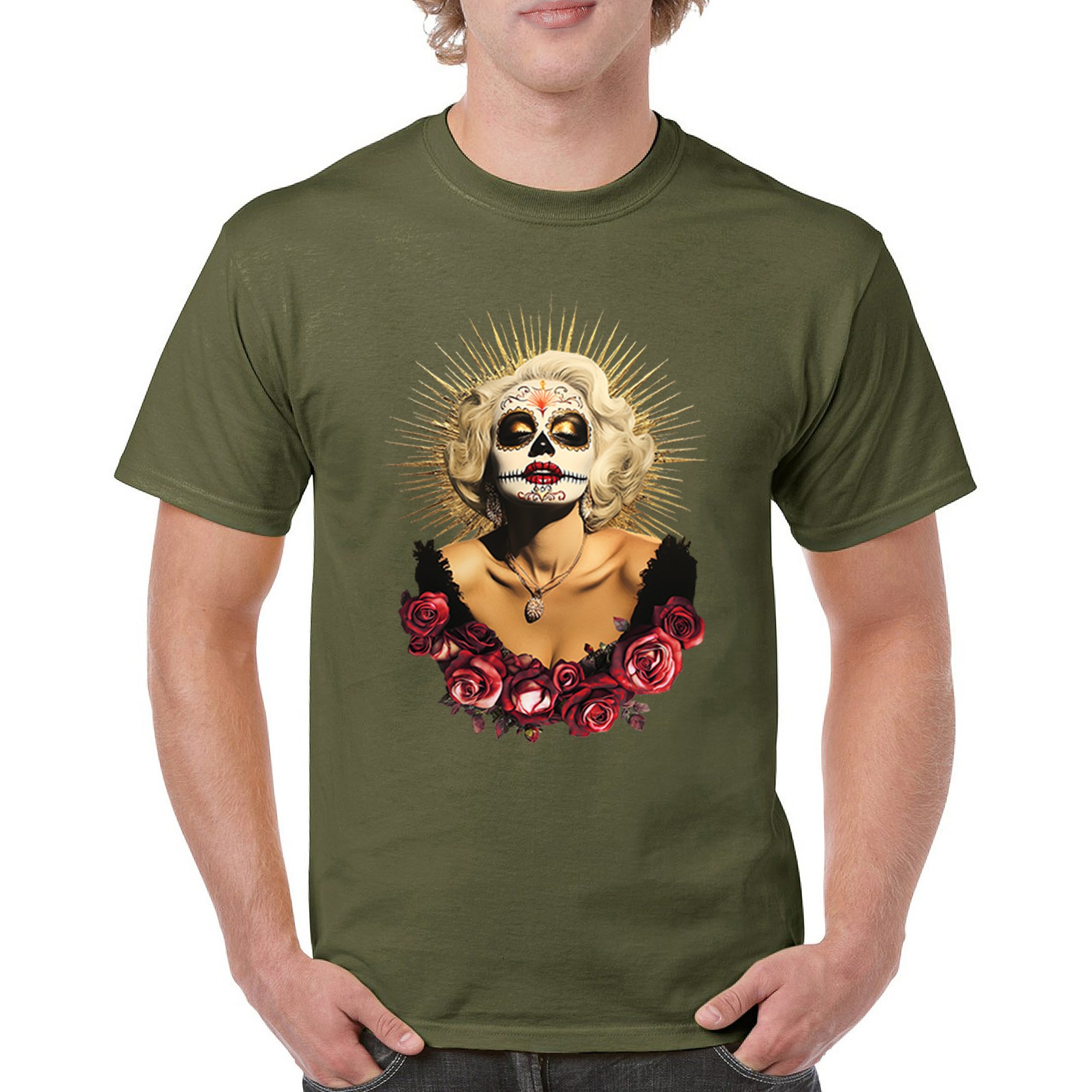 Golden Age Sugar Skull T-shirt Day of Dead Rose Dia de Los Muertos Men's Tee - Picture 93 of 113