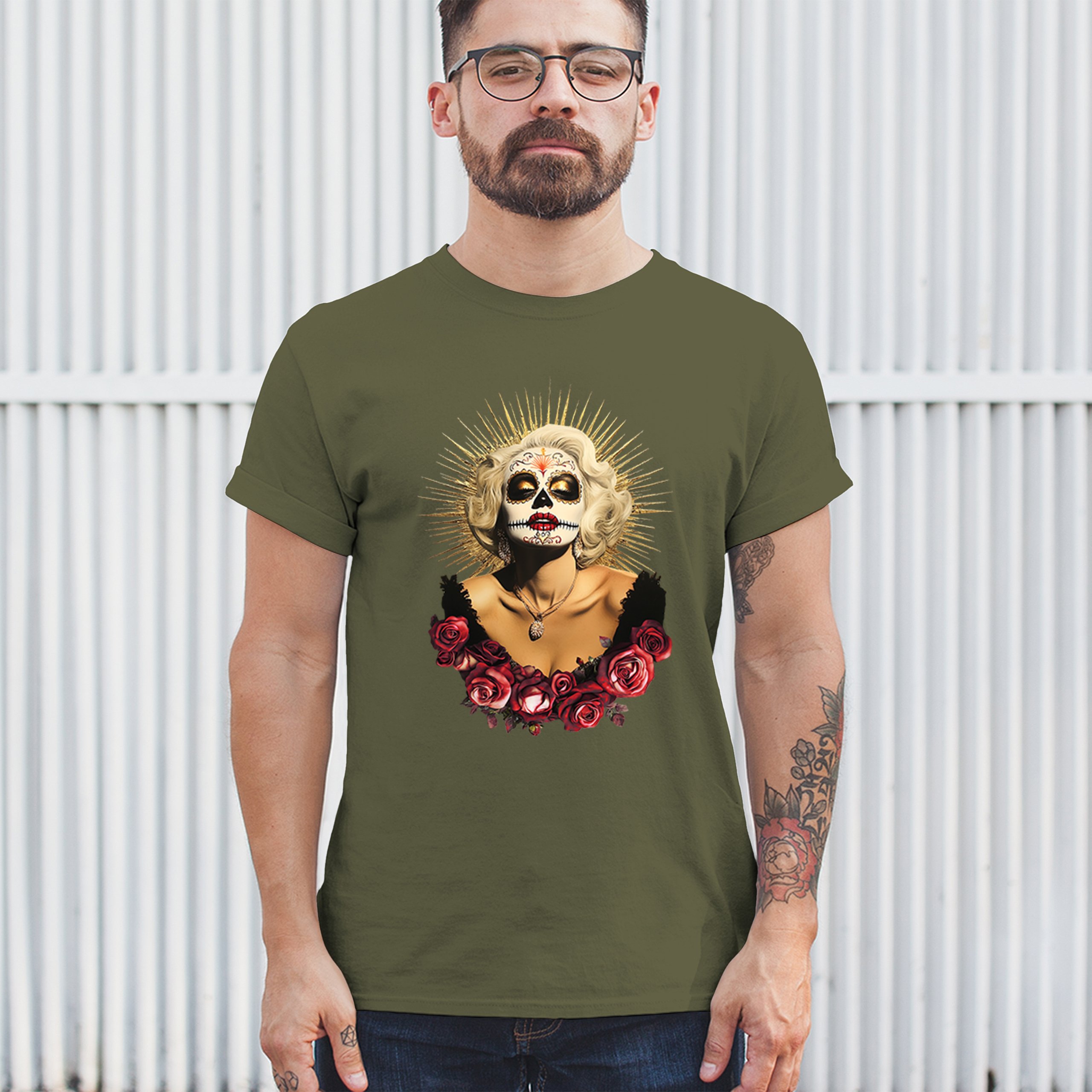 Golden Age Sugar Skull T-shirt Day of Dead Rose Dia de Los Muertos Men's Tee - Picture 96 of 113