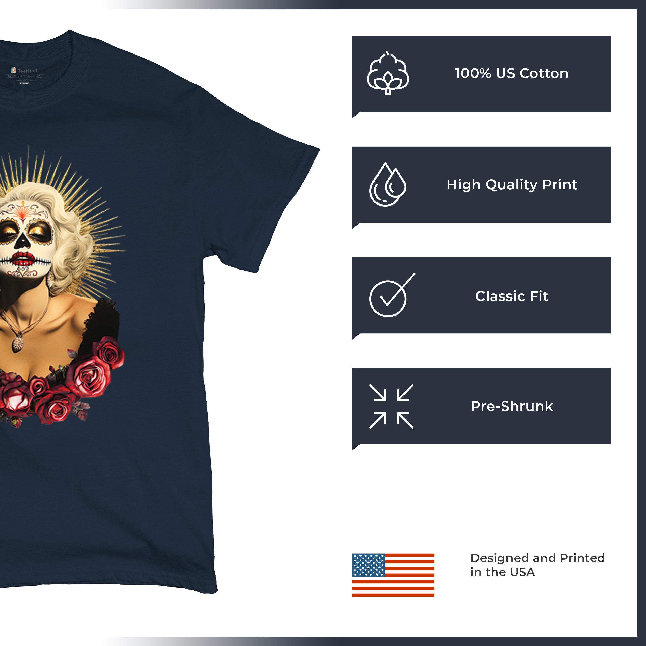 Golden Age Sugar Skull T-shirt Day of Dead Rose Dia de Los Muertos Men's Tee - Picture 56 of 113
