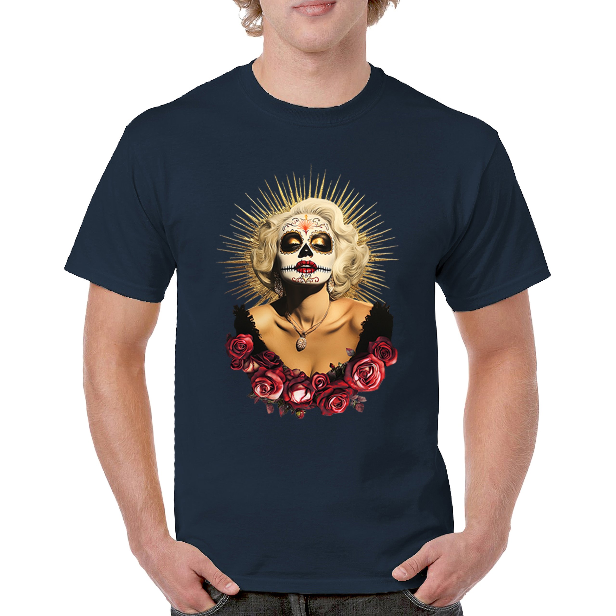 Golden Age Sugar Skull T-shirt Day of Dead Rose Dia de Los Muertos Men's Tee - Picture 51 of 113