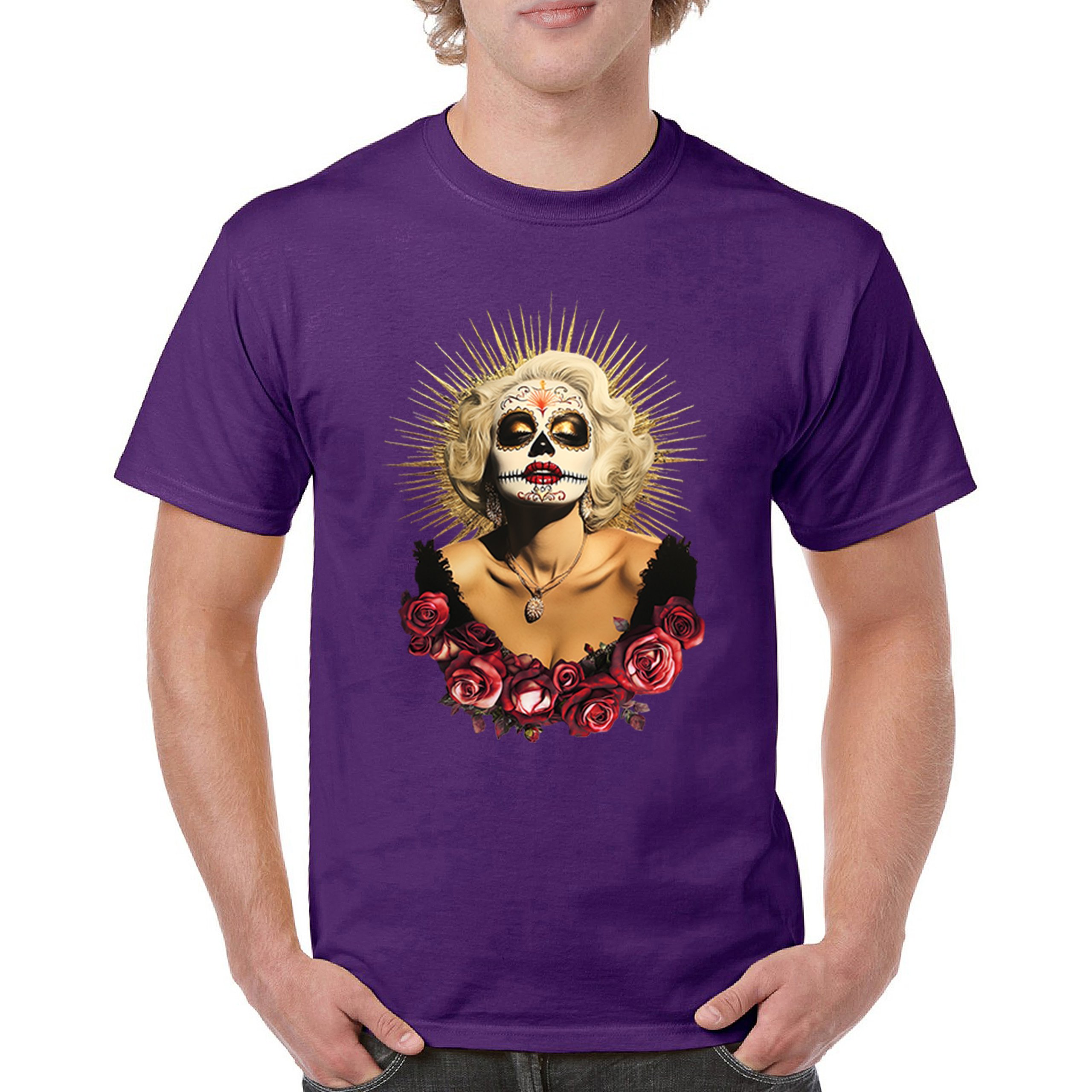 Golden Age Sugar Skull T-shirt Day of Dead Rose Dia de Los Muertos Men's Tee - Picture 30 of 113
