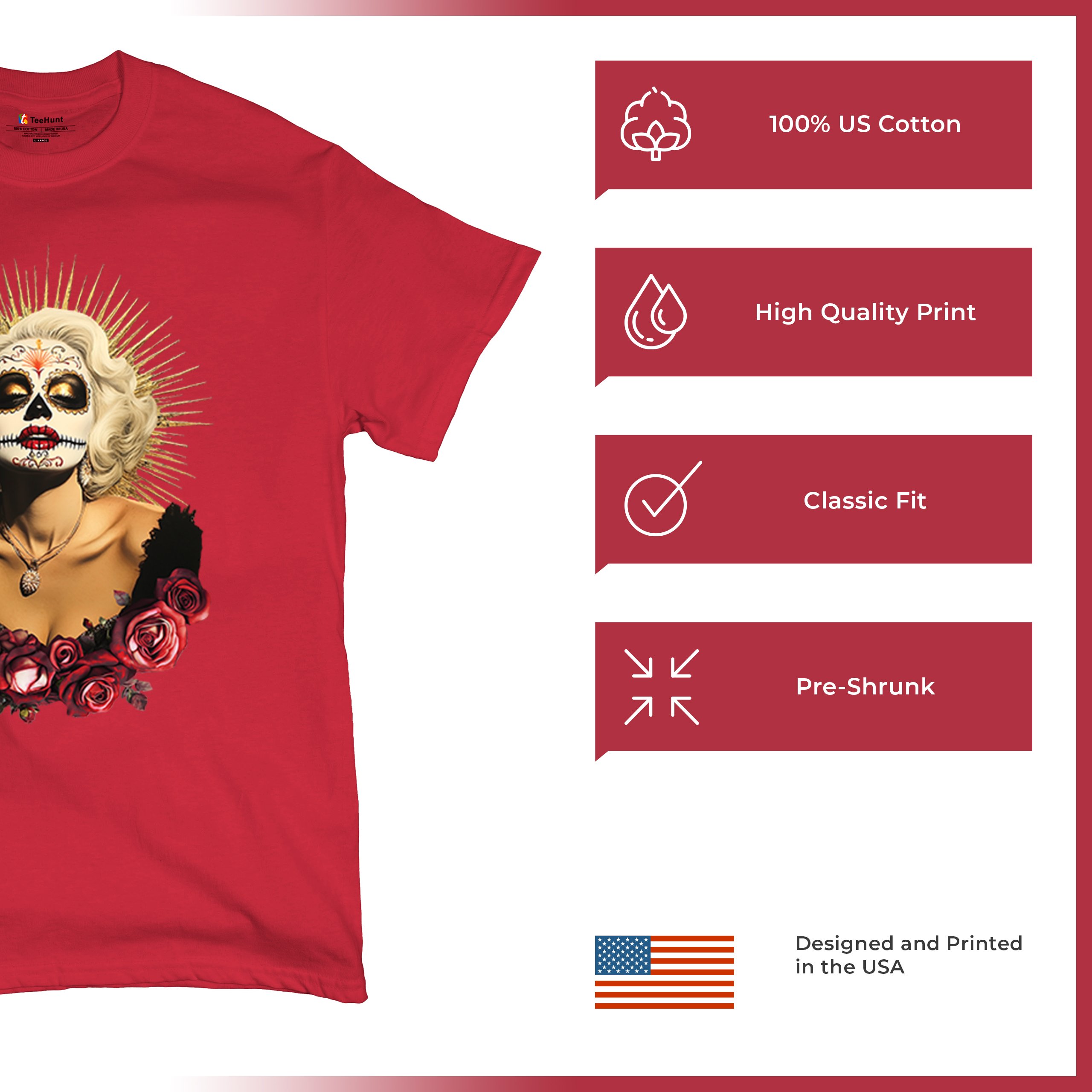 Golden Age Sugar Skull T-shirt Day of Dead Rose Dia de Los Muertos Men's Tee - Picture 42 of 113