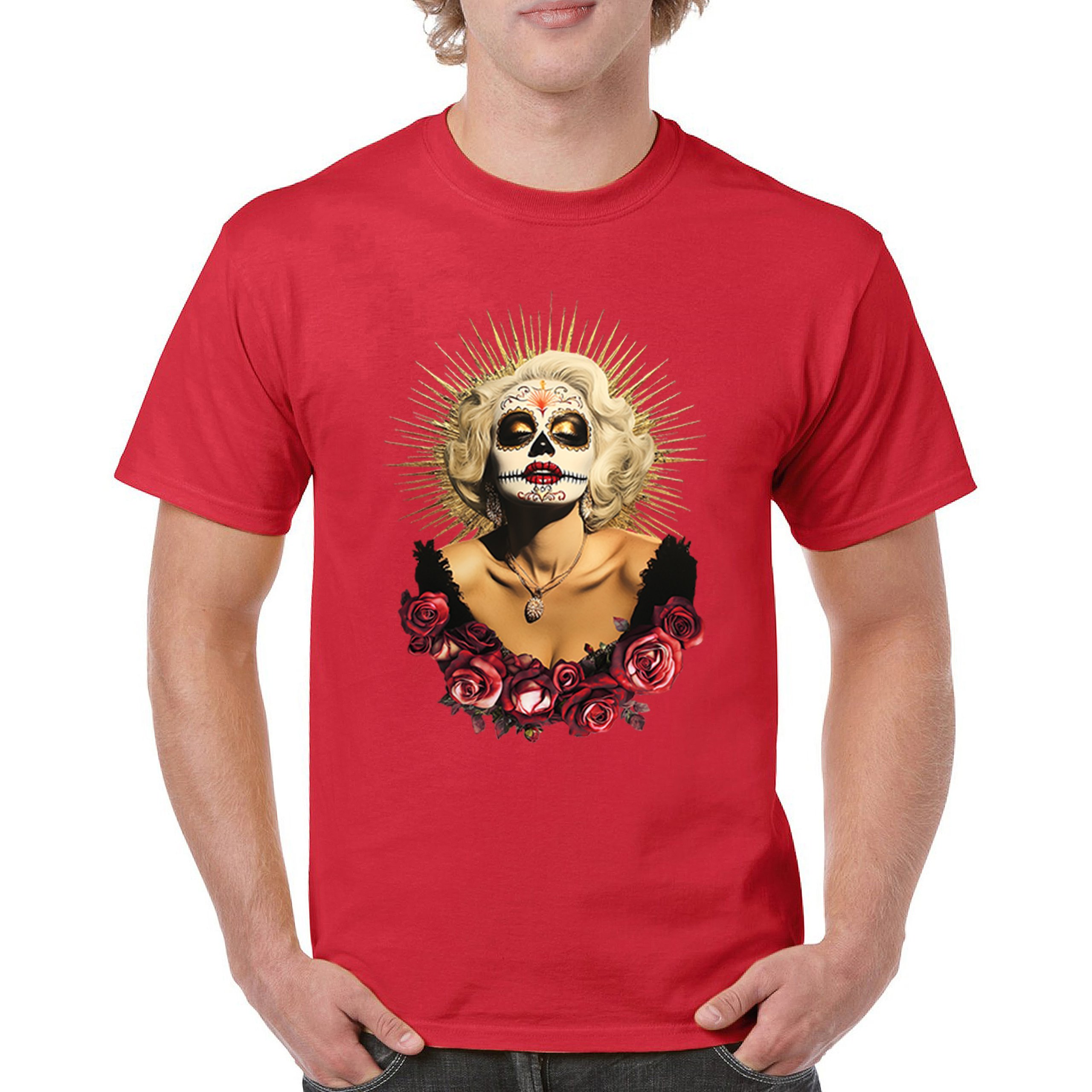 Golden Age Sugar Skull T-shirt Day of Dead Rose Dia de Los Muertos Men's Tee - Picture 37 of 113
