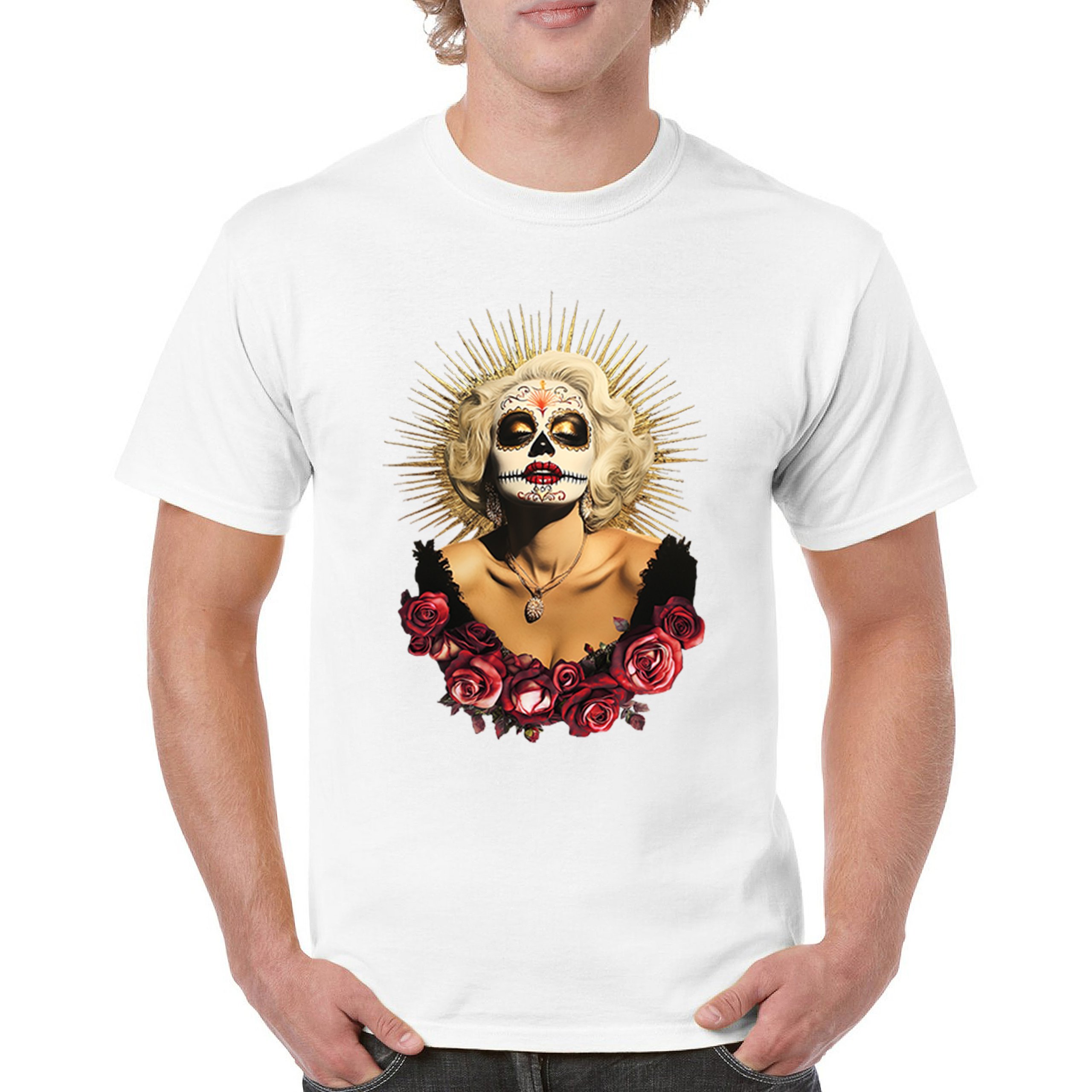 Golden Age Sugar Skull T-shirt Day of Dead Rose Dia de Los Muertos Men's Tee - Picture 44 of 113