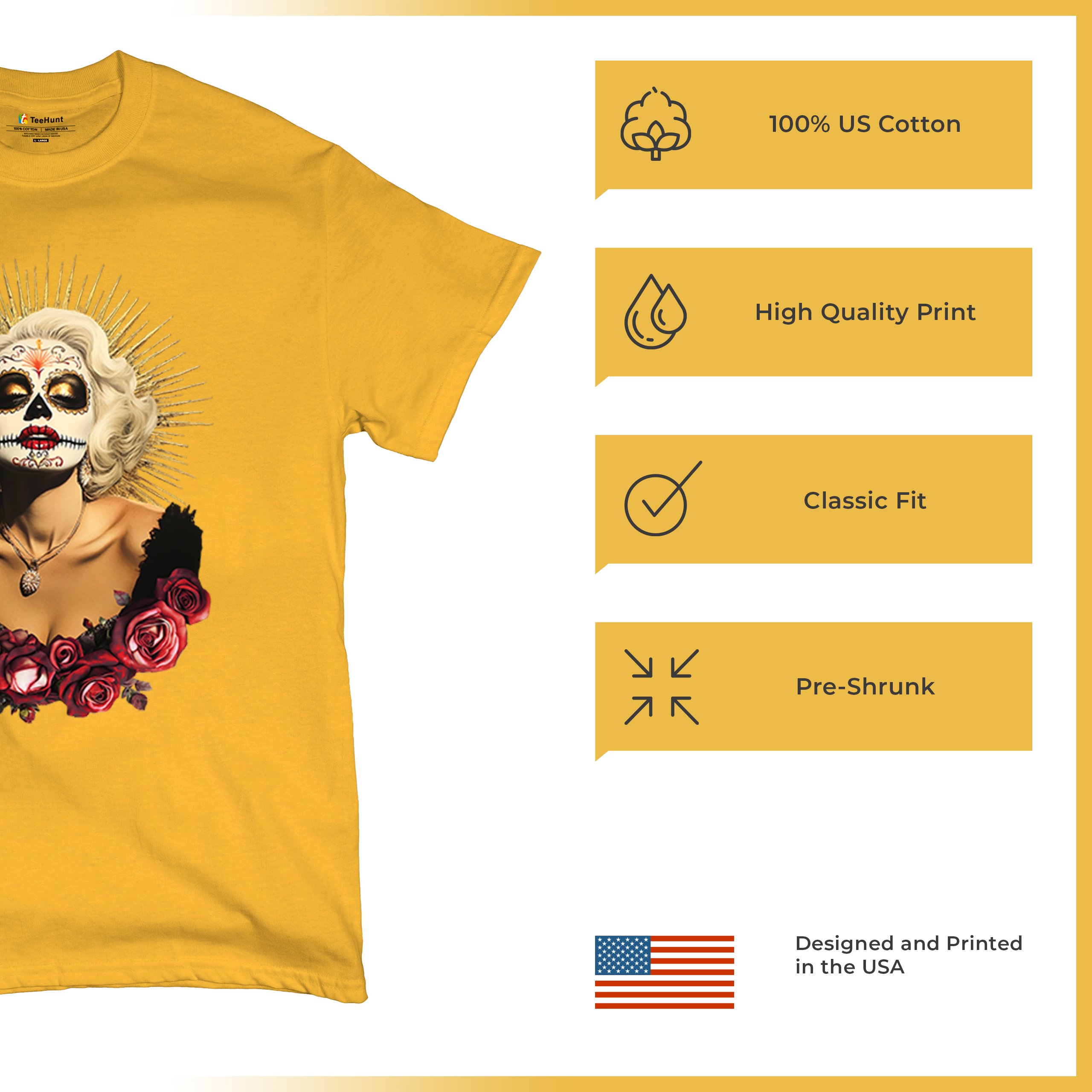Golden Age Sugar Skull T-shirt Day of Dead Rose Dia de Los Muertos Men's Tee - Picture 112 of 113