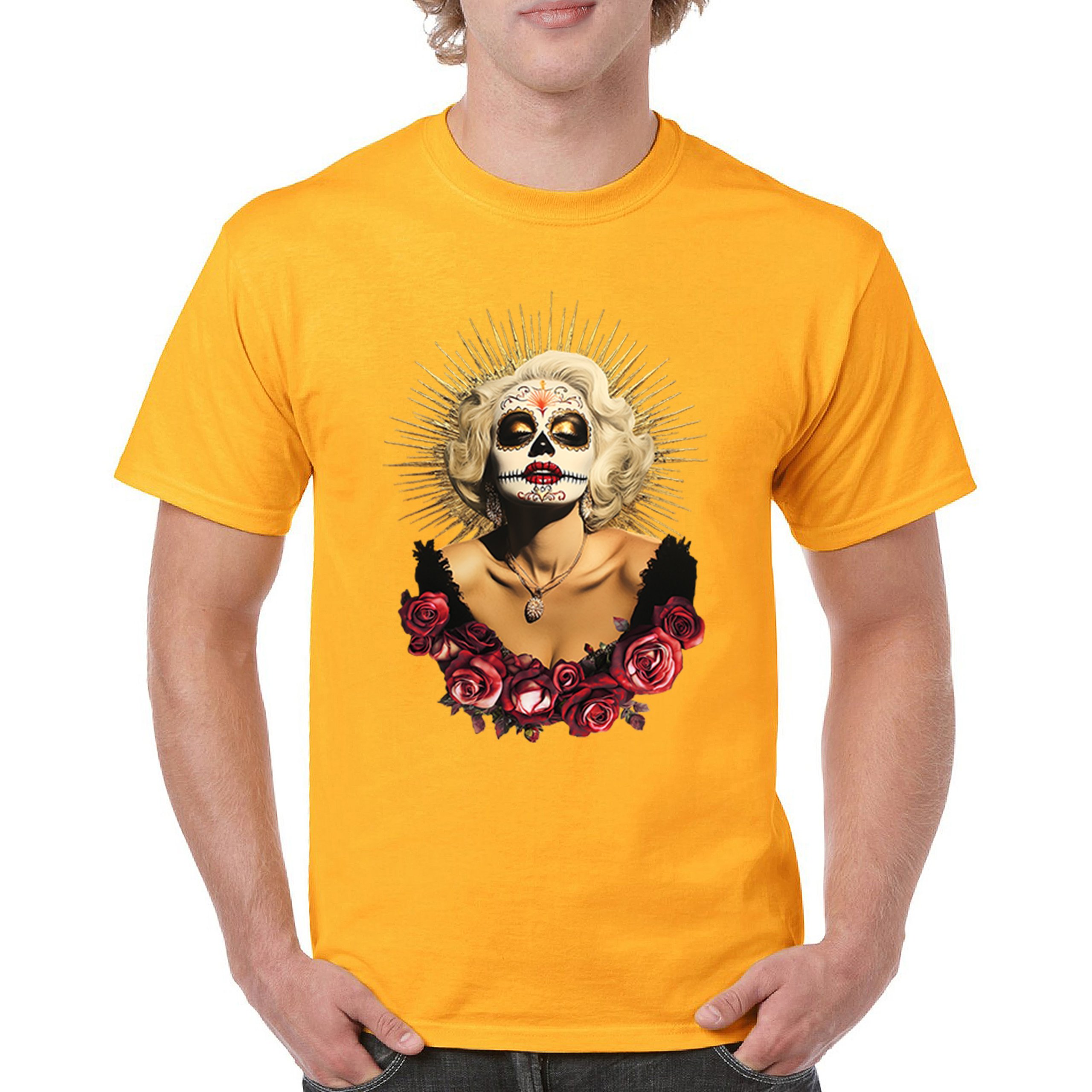 Golden Age Sugar Skull T-shirt Day of Dead Rose Dia de Los Muertos Men's Tee - Picture 107 of 113