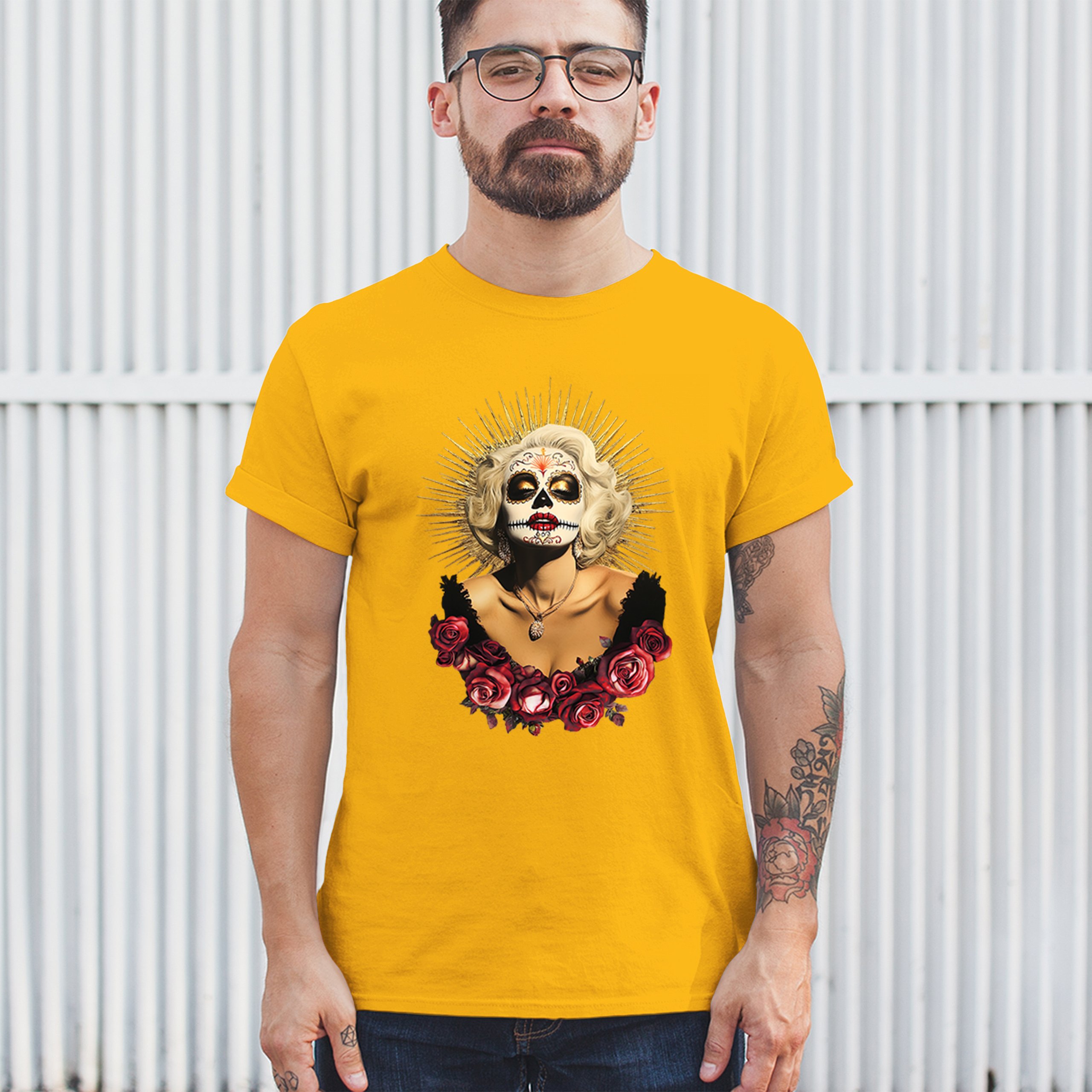 Golden Age Sugar Skull T-shirt Day of Dead Rose Dia de Los Muertos Men's Tee - Picture 110 of 113