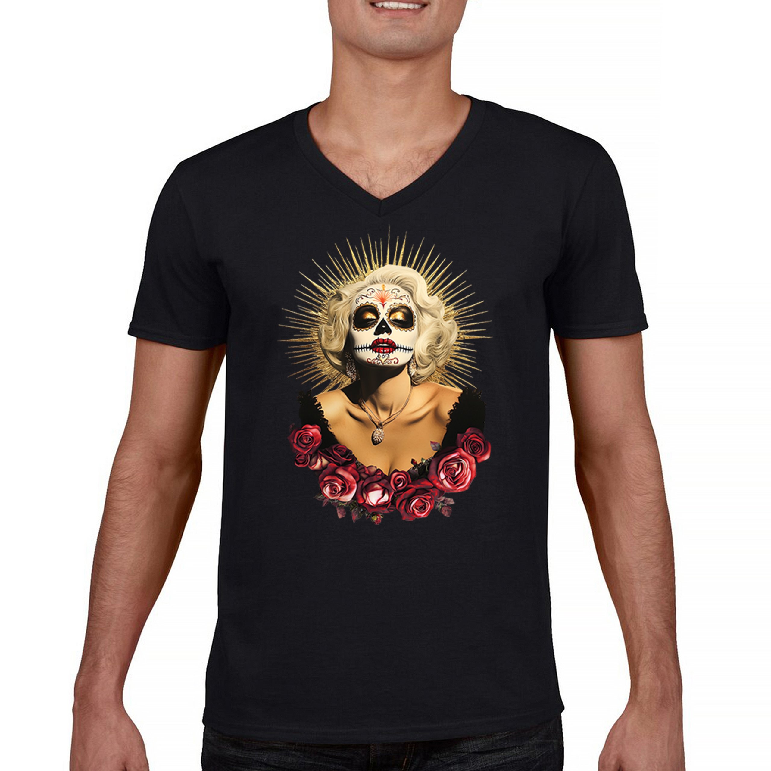 Golden Age Sugar Skull V-Neck T-shirt Day of Dead Rose Dia de Los Muertos Tee