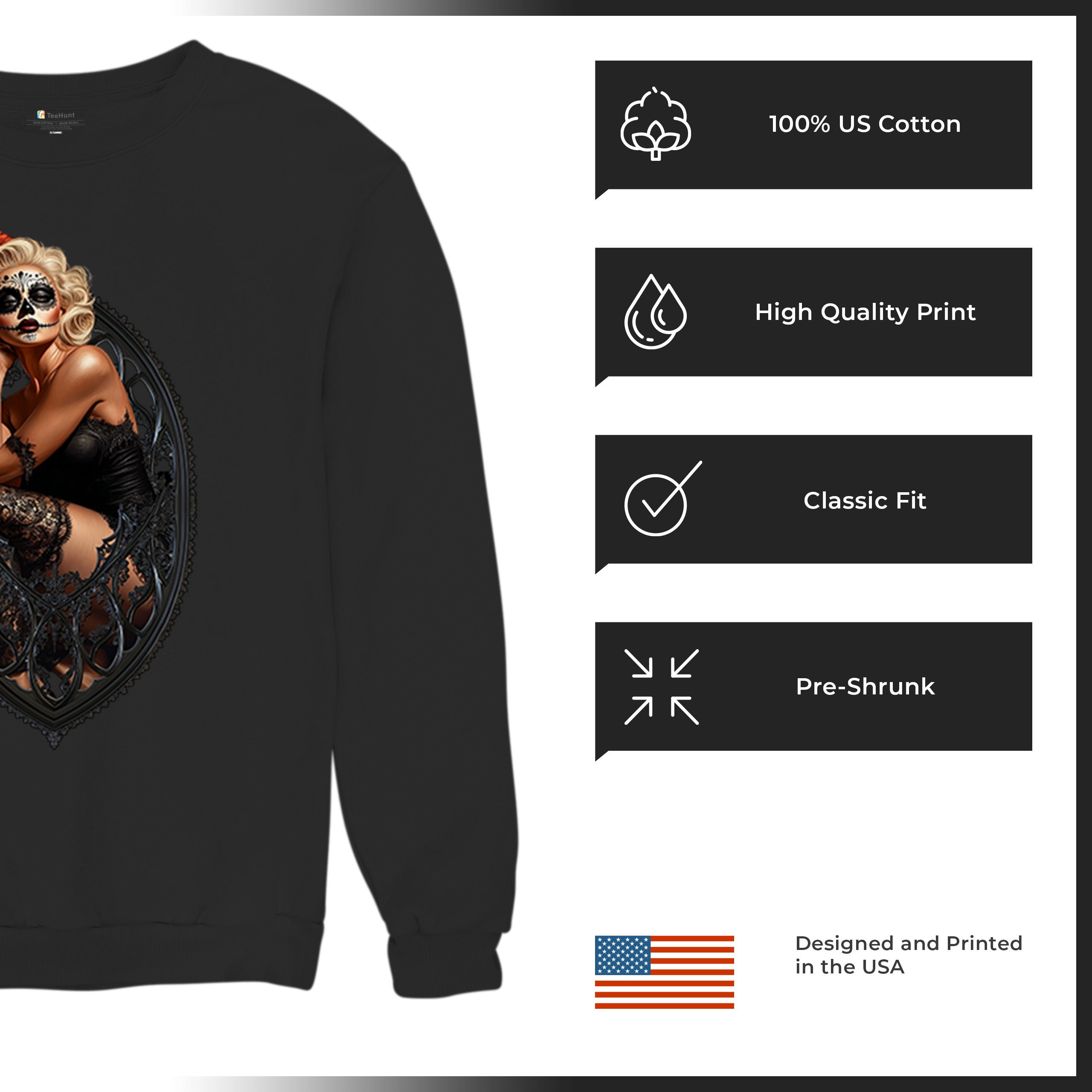 Gothic Sugar Skull Pinup Sweatshirt Dia de los Muertos Dark Seductive Crewneck - Picture 7 of 50