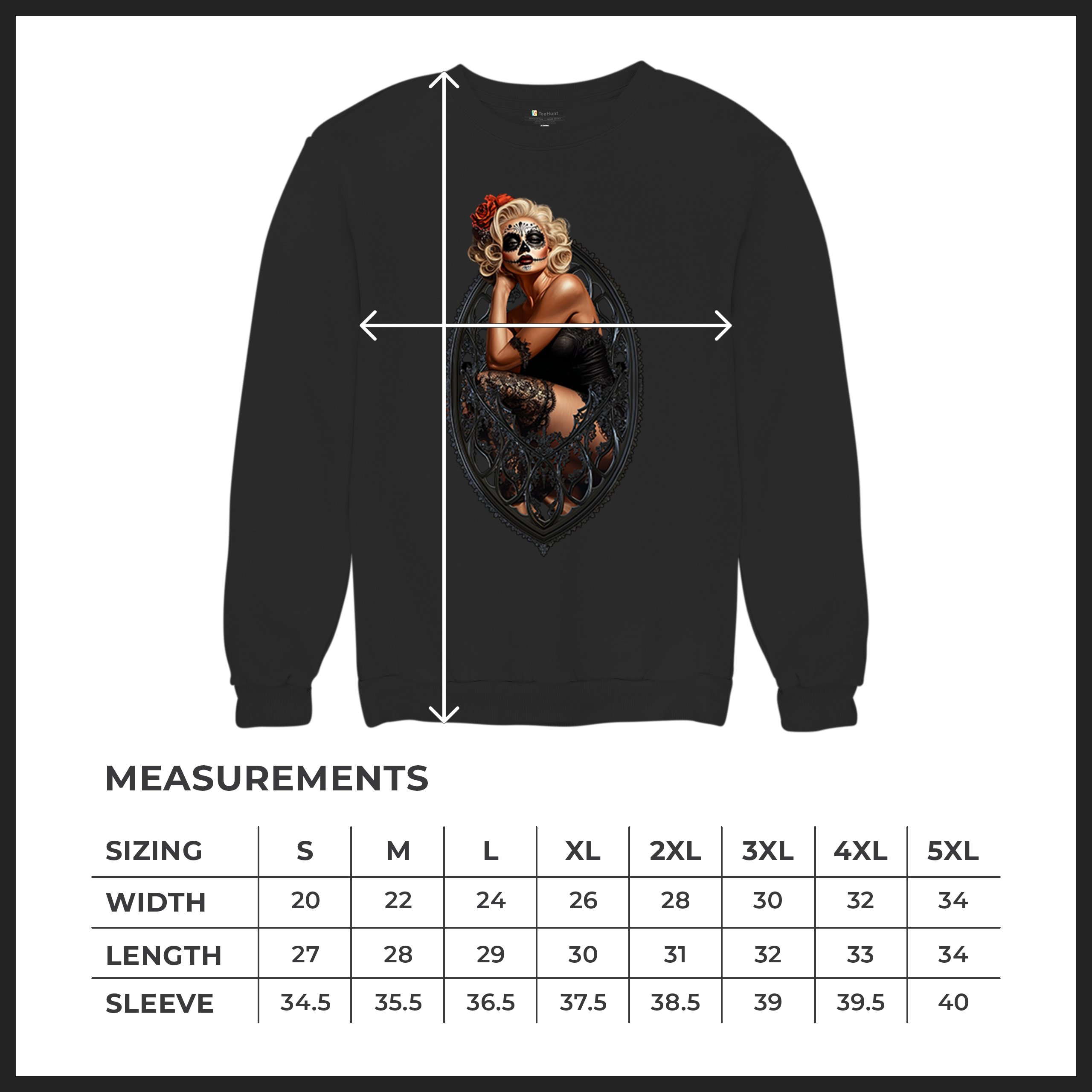 Gothic Sugar Skull Pinup Sweatshirt Dia de los Muertos Dark Seductive Crewneck - Picture 8 of 50