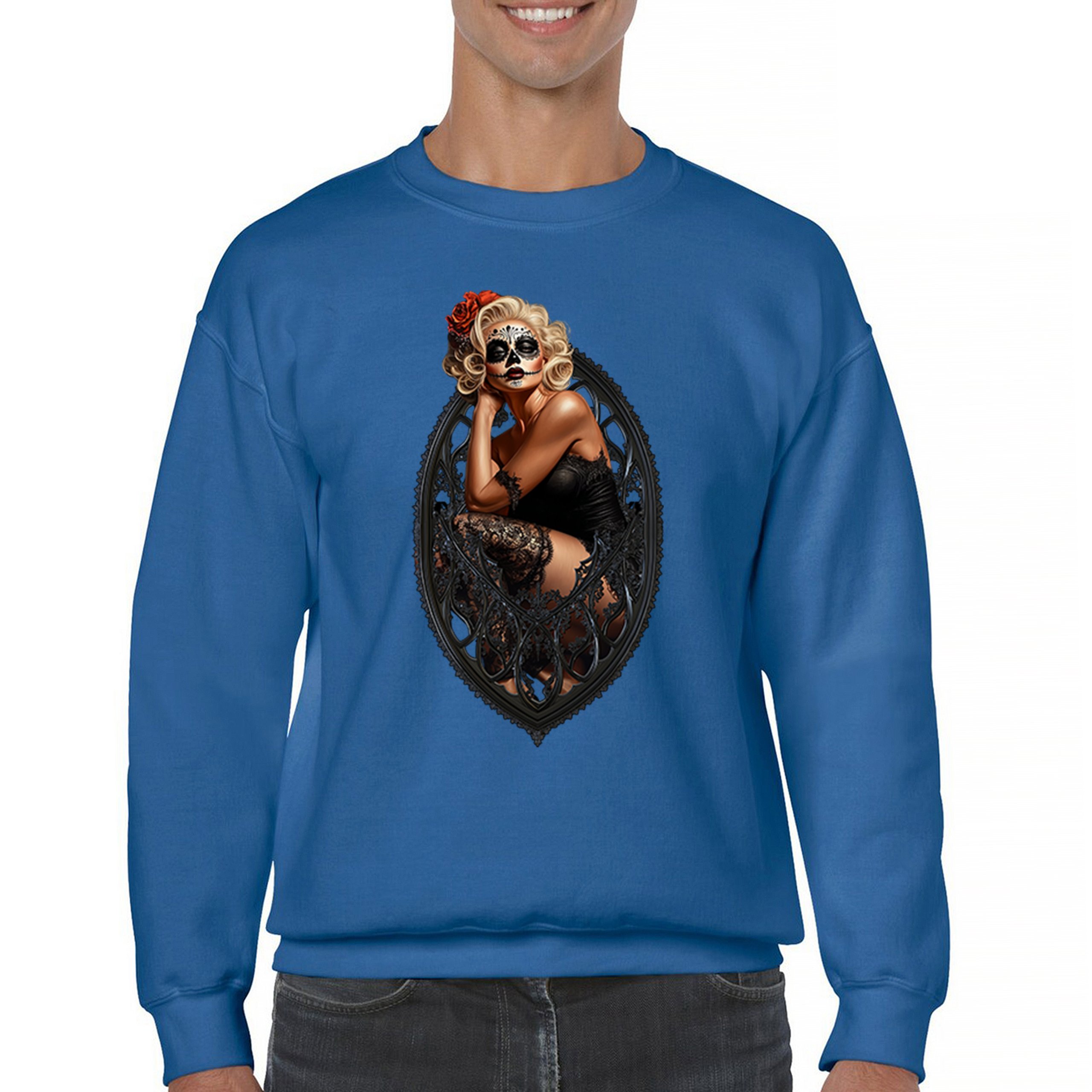 Gothic Sugar Skull Pinup Sweatshirt Dia de los Muertos Dark Seductive Crewneck - Picture 44 of 50