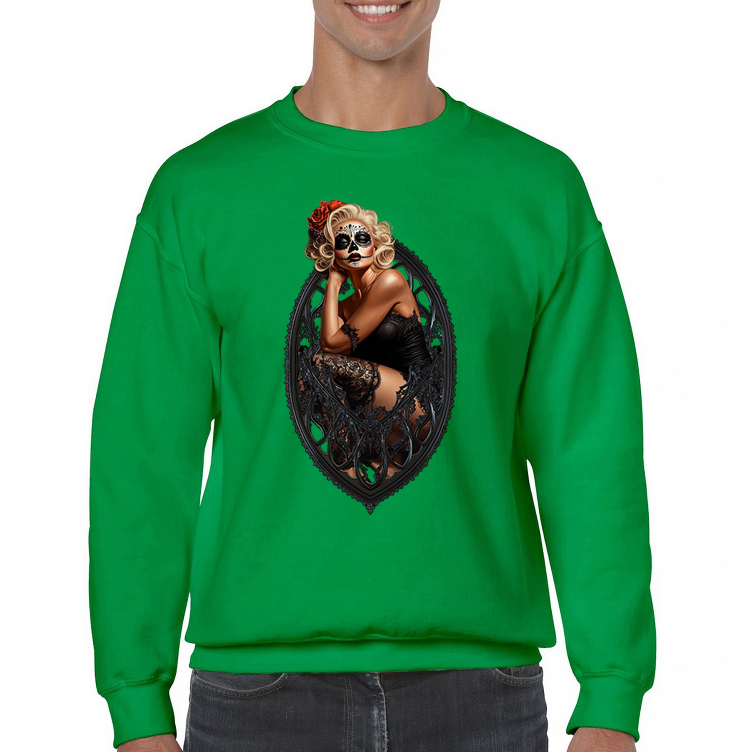 Gothic Sugar Skull Pinup Sweatshirt Dia de los Muertos Dark Seductive Crewneck - Picture 37 of 50