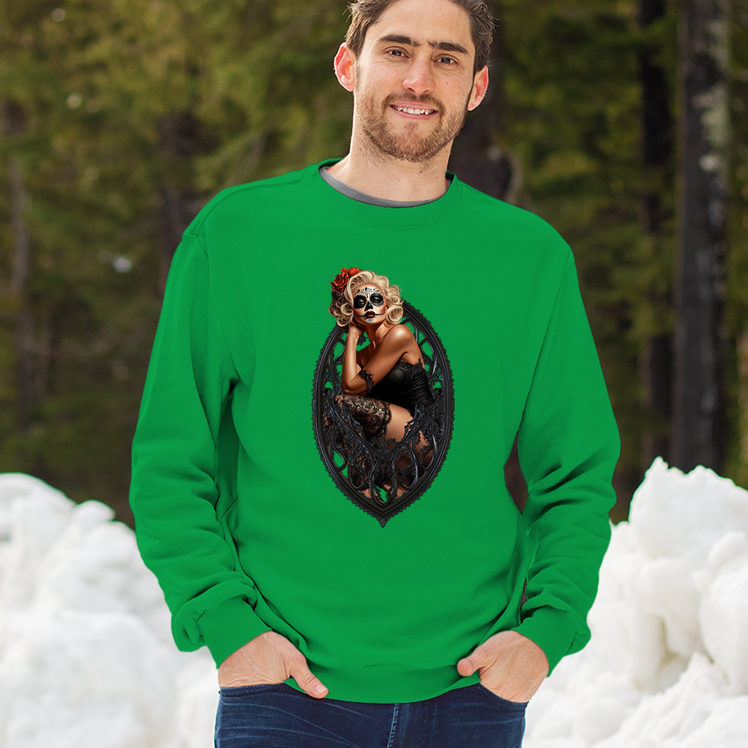 Gothic Sugar Skull Pinup Sweatshirt Dia de los Muertos Dark Seductive Crewneck - Picture 40 of 50