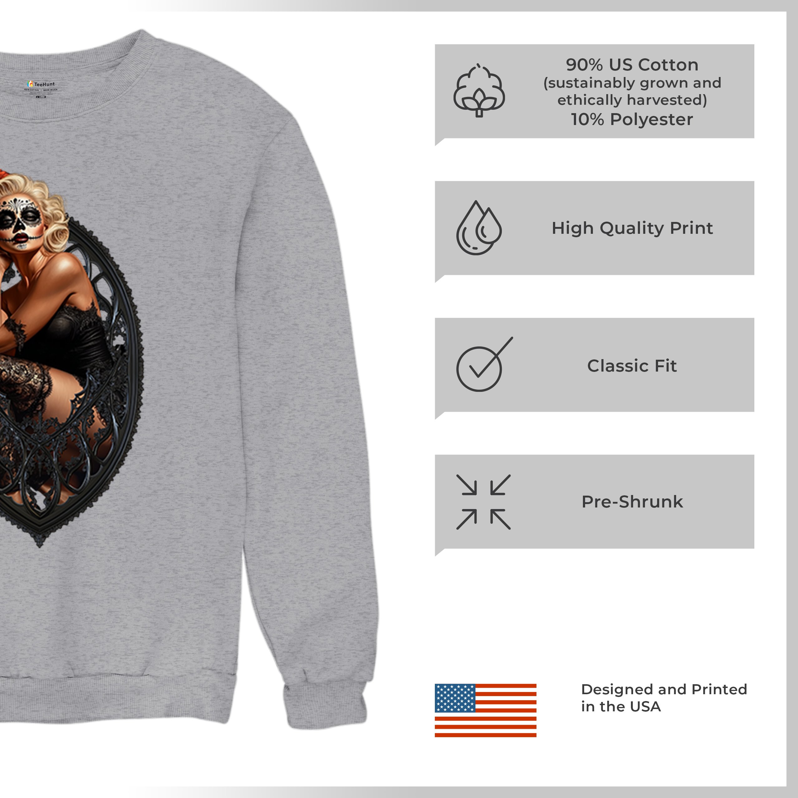 Gothic Sugar Skull Pinup Sweatshirt Dia de los Muertos Dark Seductive Crewneck - Picture 14 of 50