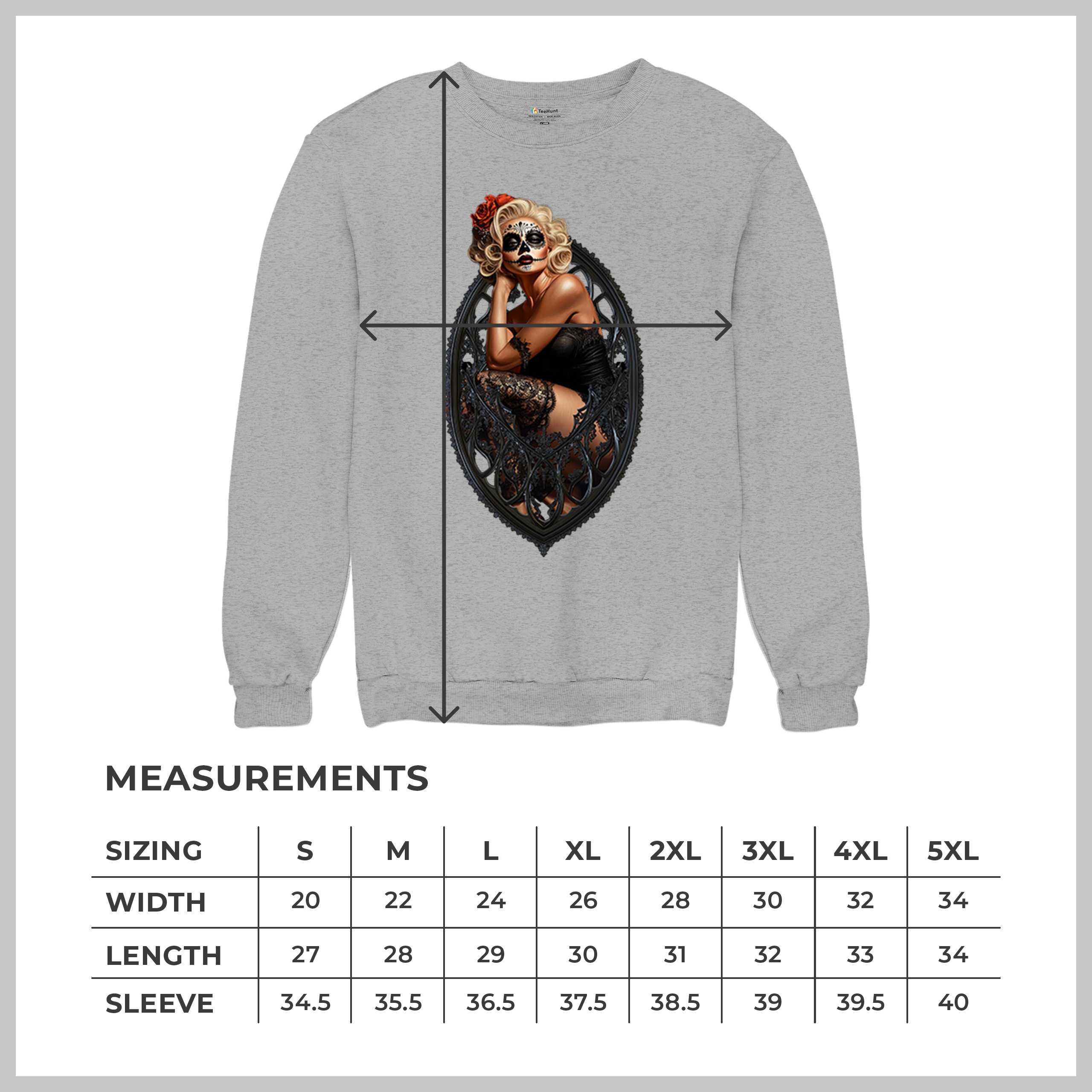Gothic Sugar Skull Pinup Sweatshirt Dia de los Muertos Dark Seductive Crewneck - Picture 15 of 50