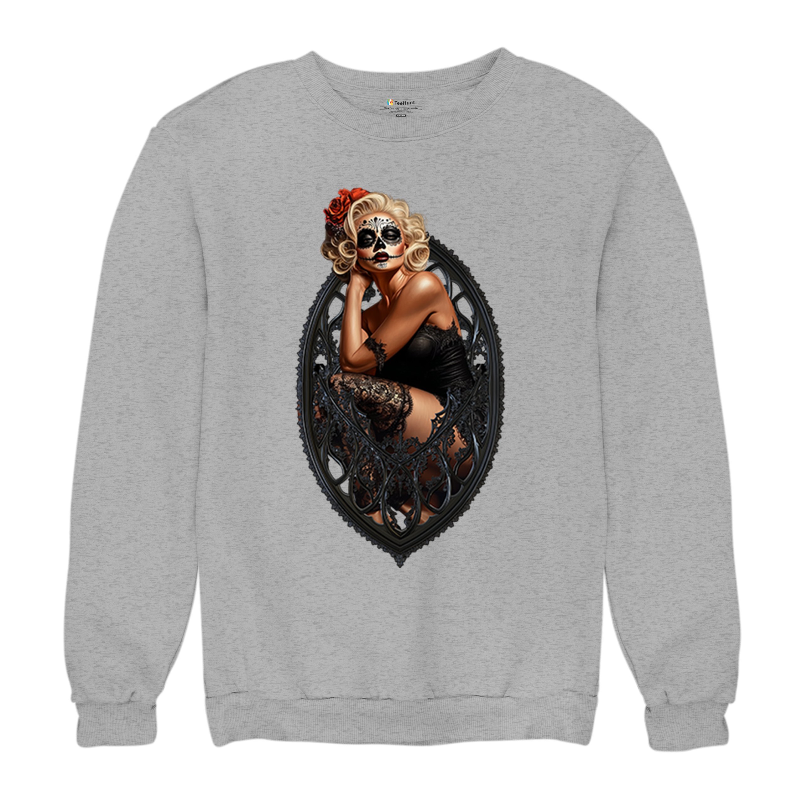 Gothic Sugar Skull Pinup Sweatshirt Dia de los Muertos Dark Seductive Crewneck - Picture 13 of 50