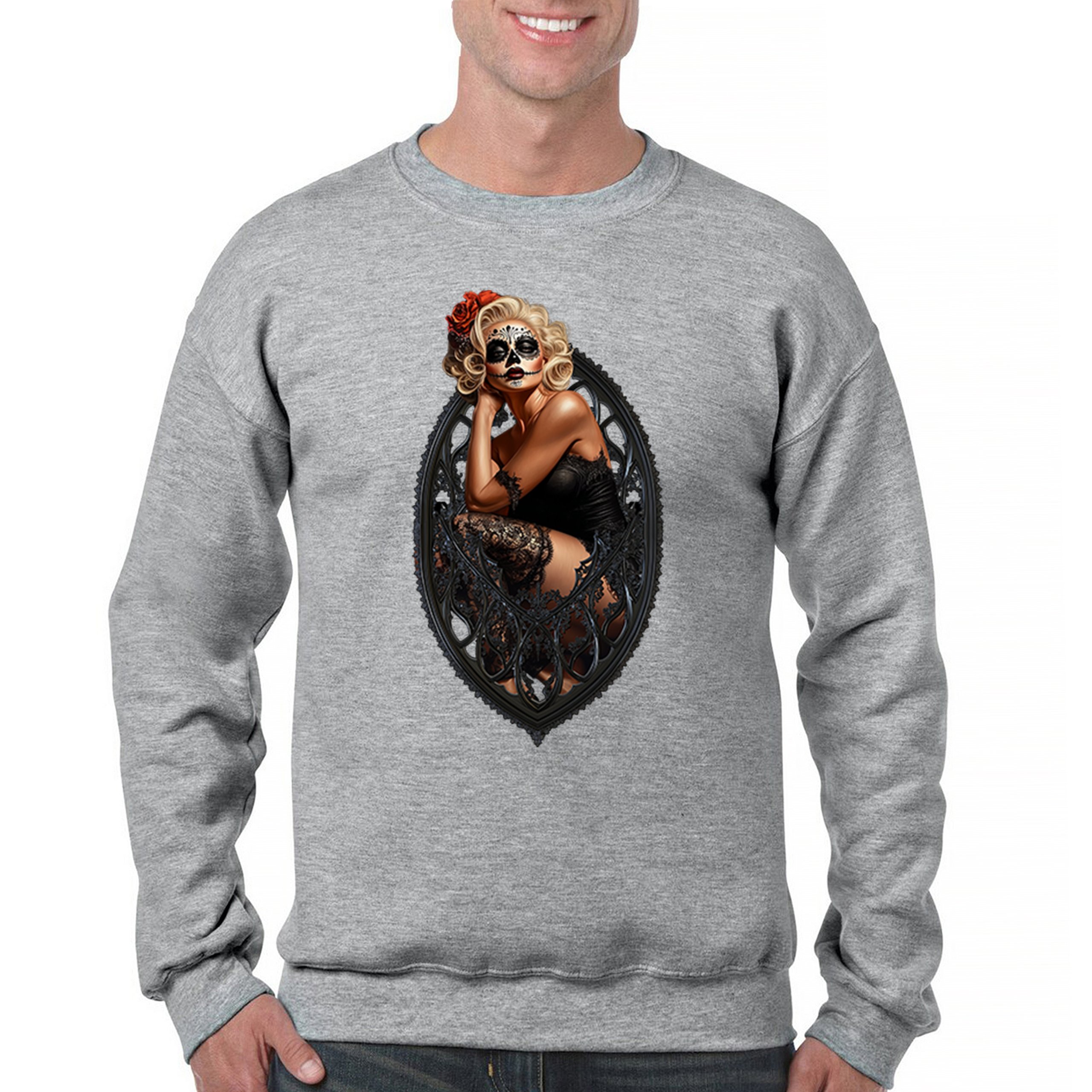 Gothic Sugar Skull Pinup Sweatshirt Dia de los Muertos Dark Seductive Crewneck - Picture 9 of 50