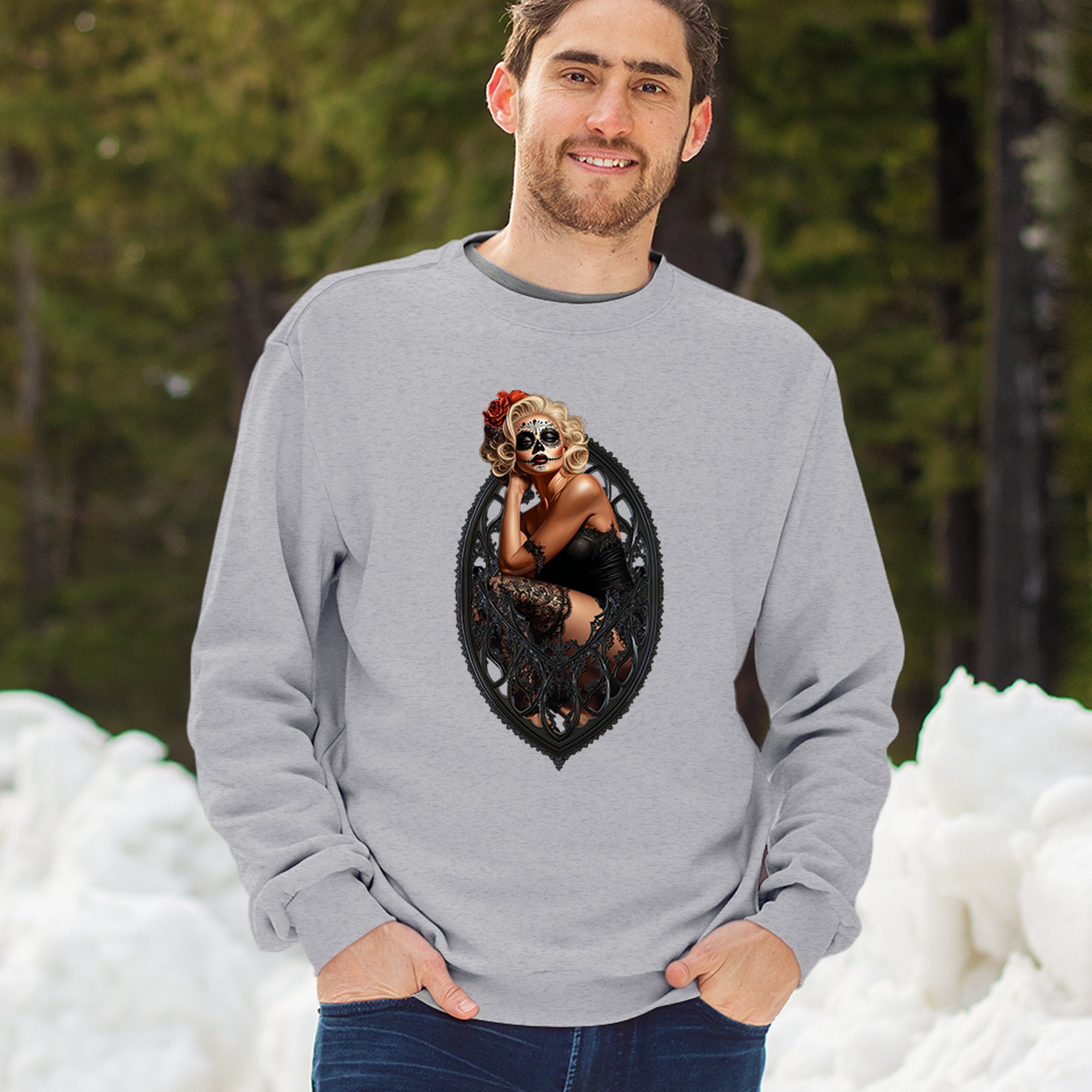 Gothic Sugar Skull Pinup Sweatshirt Dia de los Muertos Dark Seductive Crewneck - Picture 12 of 50