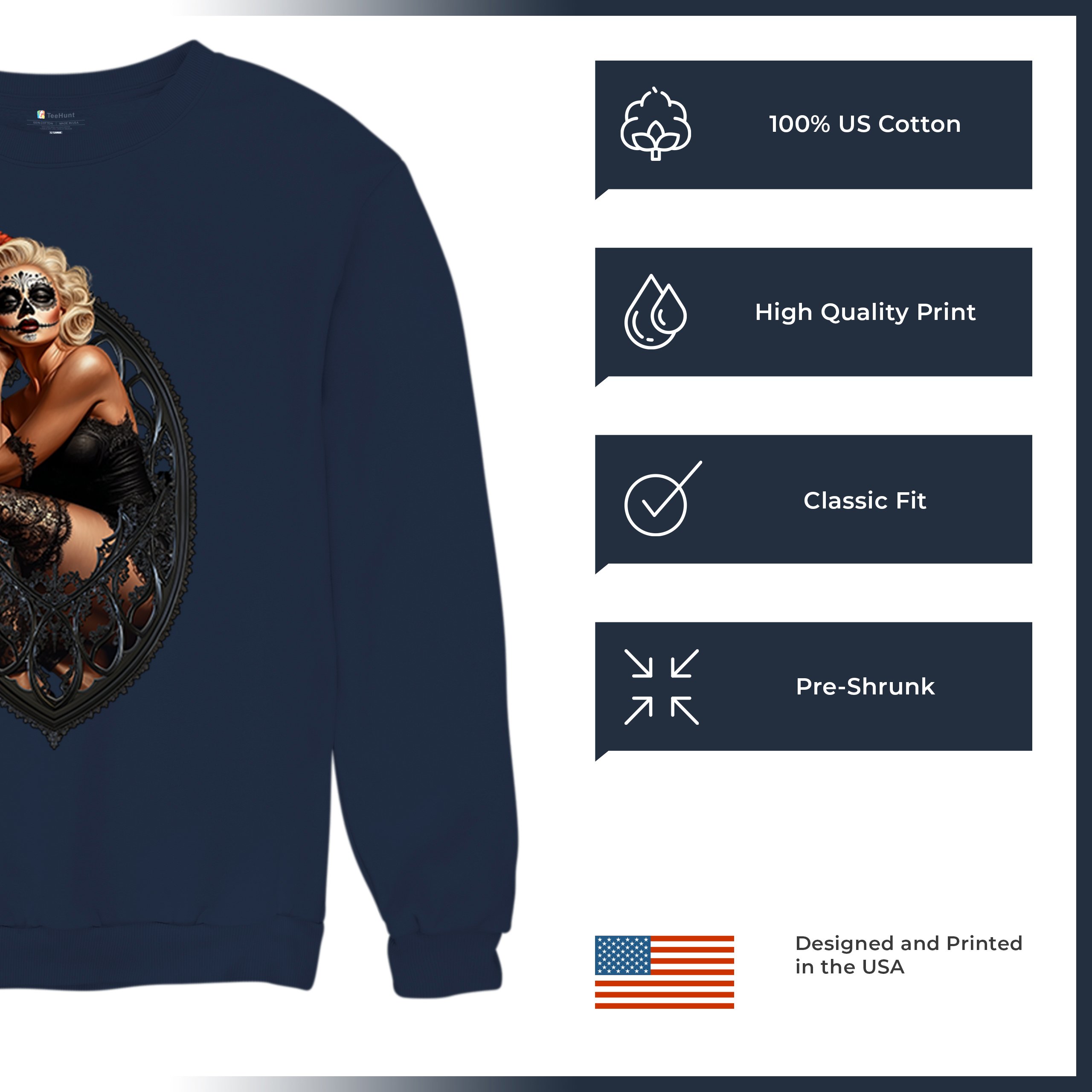 Gothic Sugar Skull Pinup Sweatshirt Dia de los Muertos Dark Seductive Crewneck - Picture 35 of 50