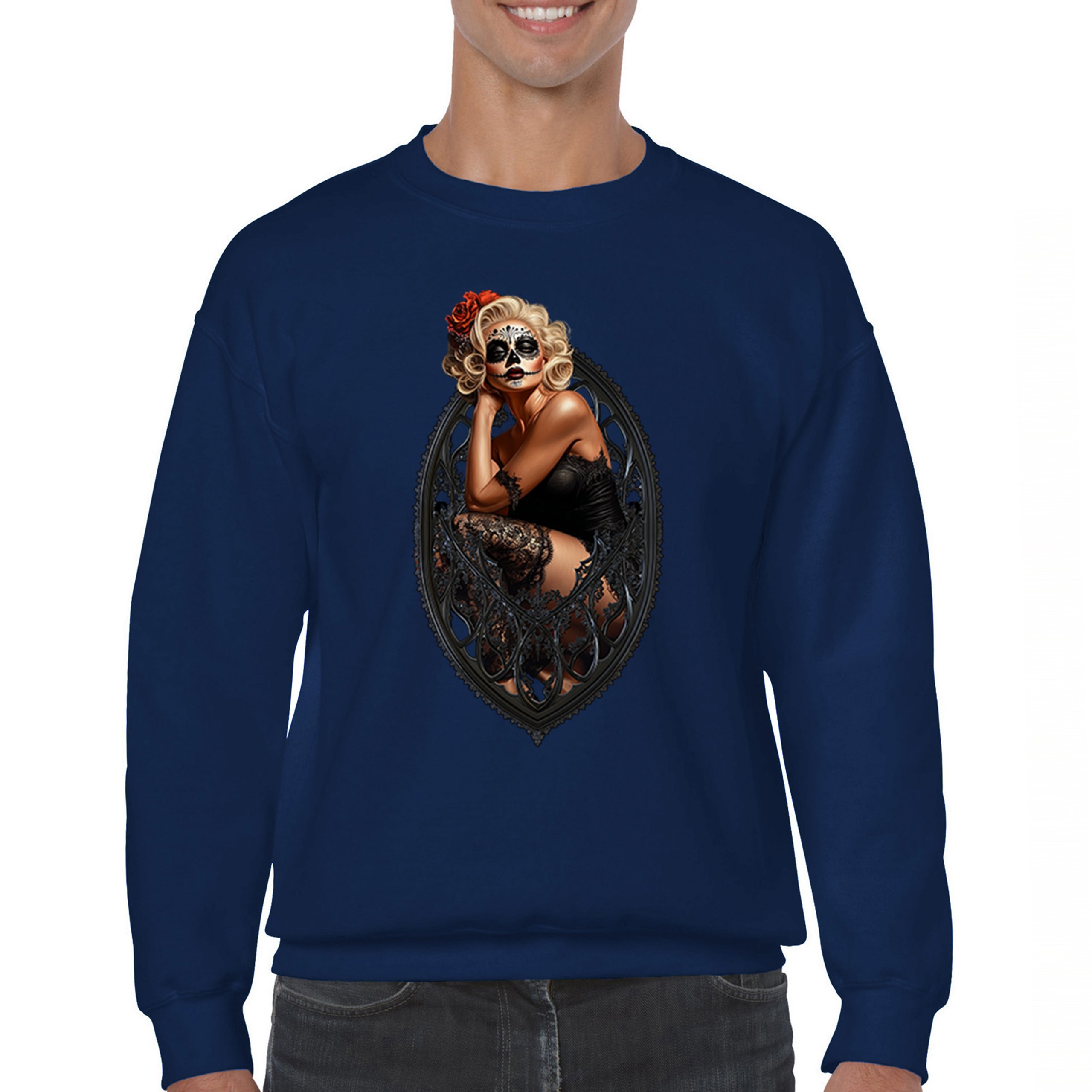 Gothic Sugar Skull Pinup Sweatshirt Dia de los Muertos Dark Seductive Crewneck - Picture 30 of 50