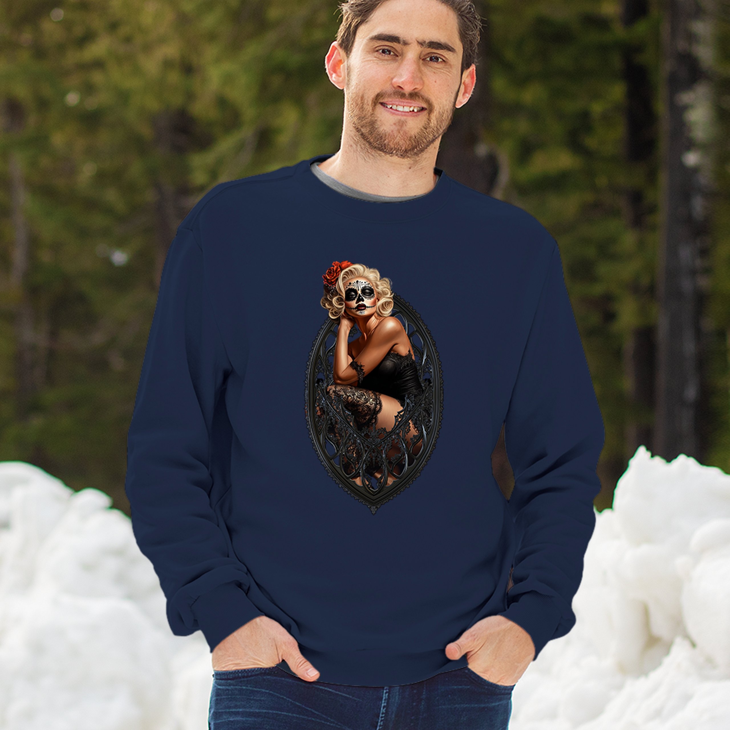 Gothic Sugar Skull Pinup Sweatshirt Dia de los Muertos Dark Seductive Crewneck - Picture 33 of 50