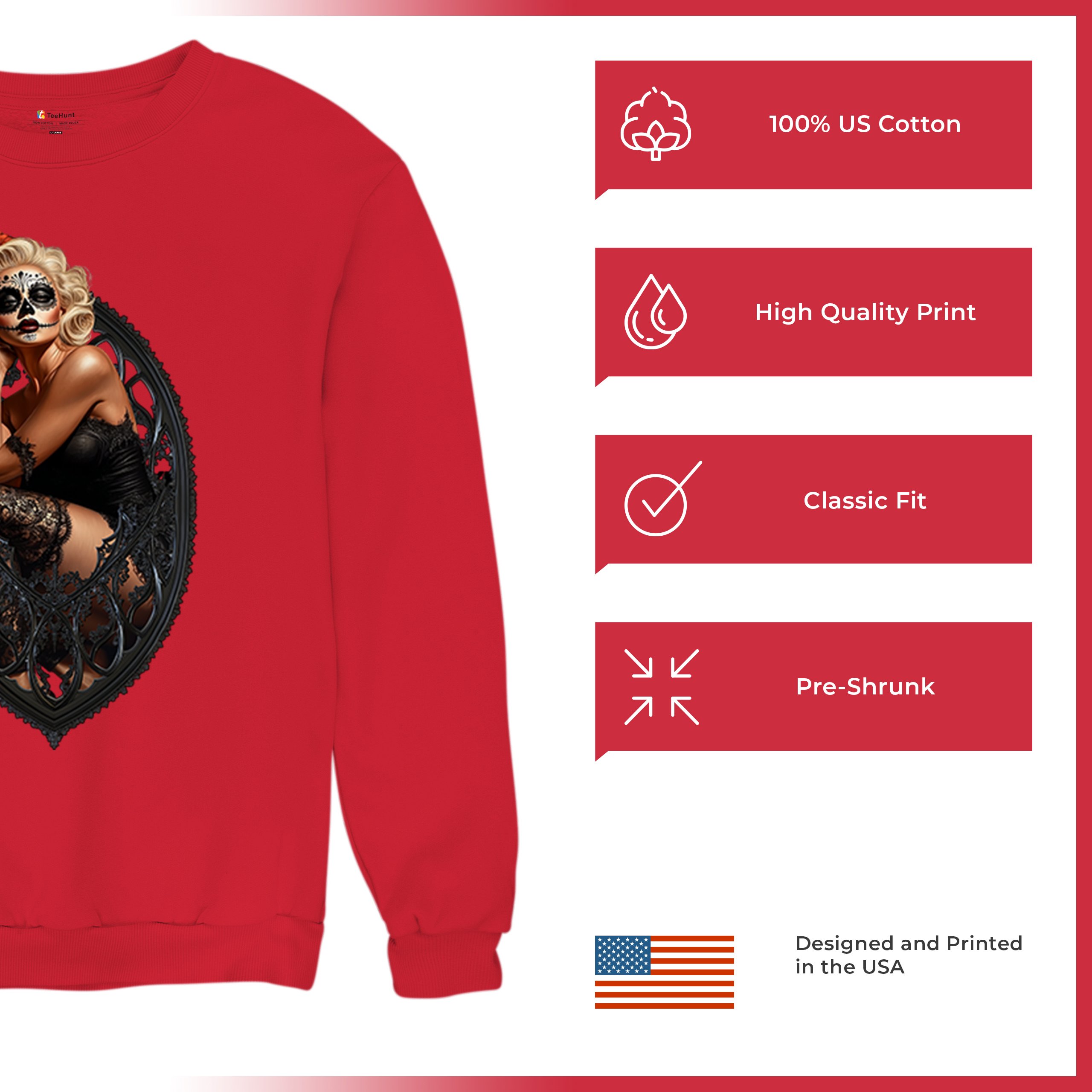 Gothic Sugar Skull Pinup Sweatshirt Dia de los Muertos Dark Seductive Crewneck - Picture 21 of 50