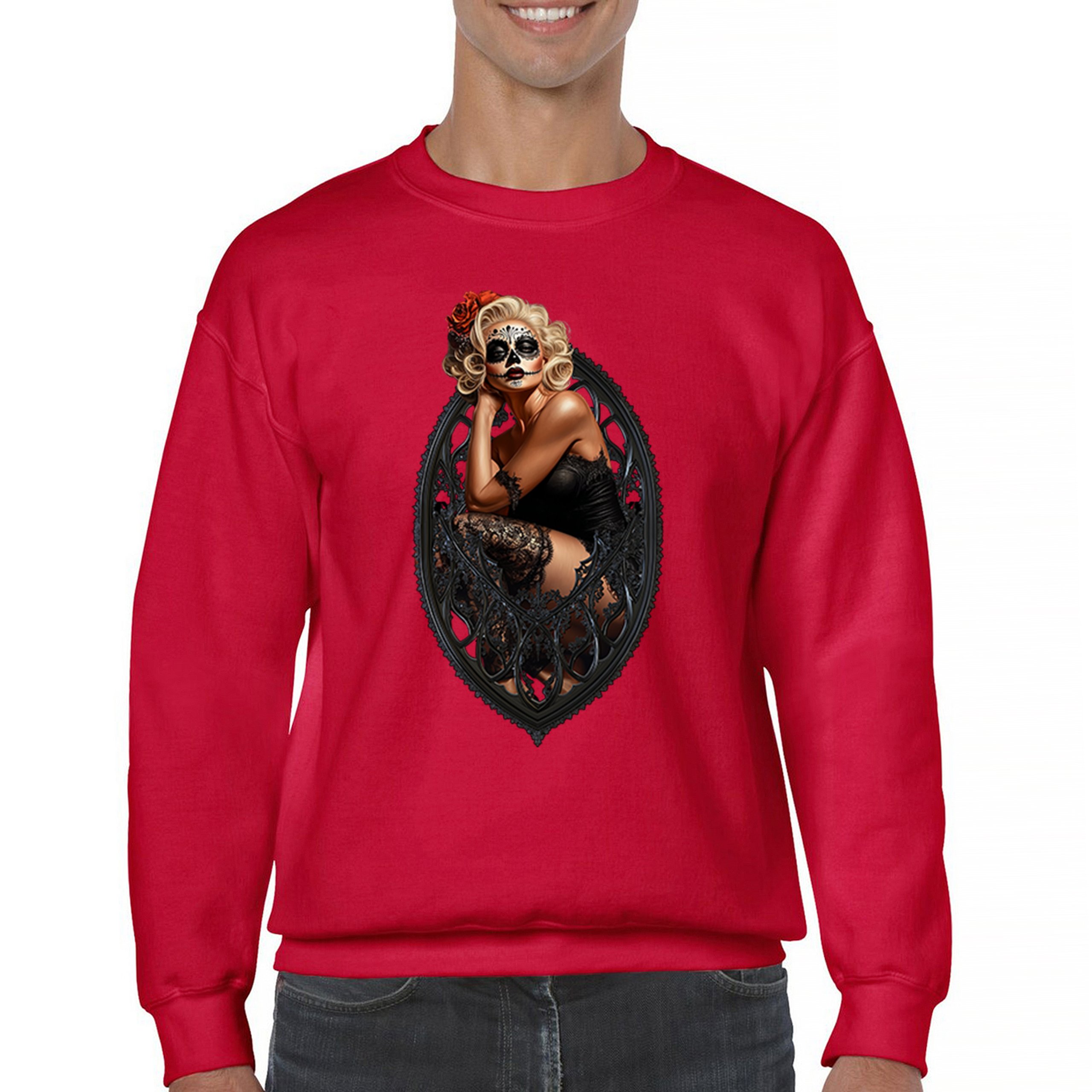 Gothic Sugar Skull Pinup Sweatshirt Dia de los Muertos Dark Seductive Crewneck - Picture 16 of 50