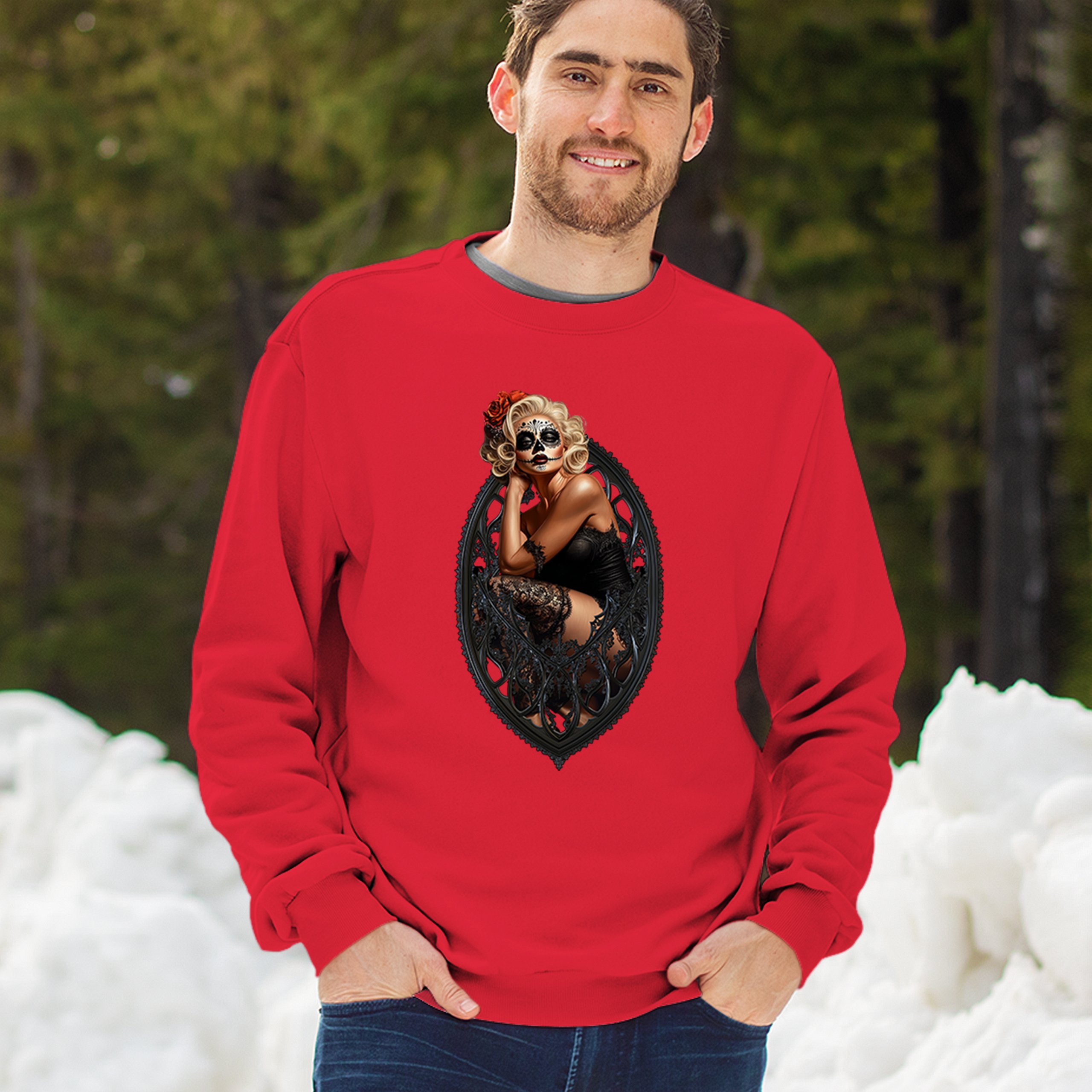 Gothic Sugar Skull Pinup Sweatshirt Dia de los Muertos Dark Seductive Crewneck - Picture 19 of 50
