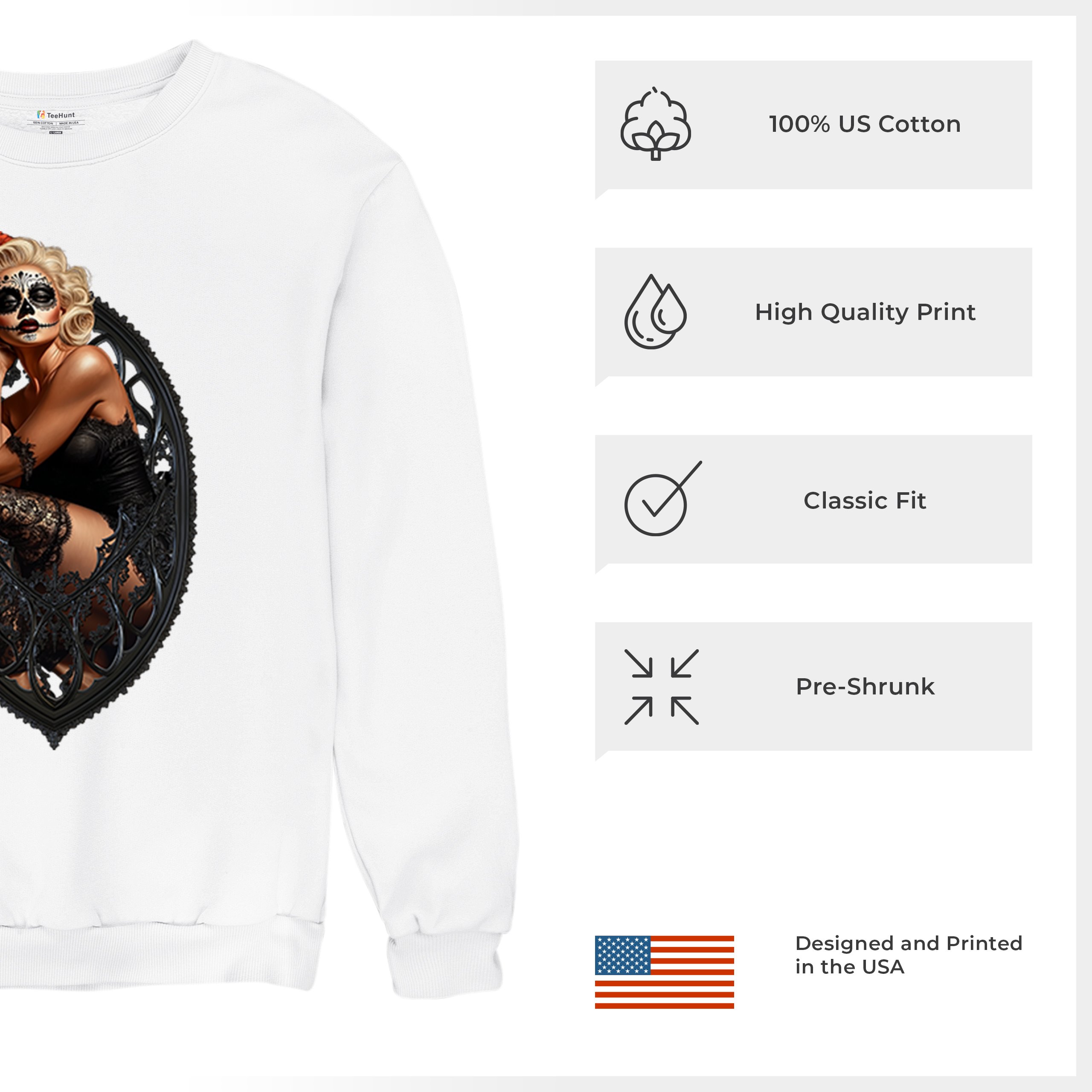 Gothic Sugar Skull Pinup Sweatshirt Dia de los Muertos Dark Seductive Crewneck - Picture 28 of 50