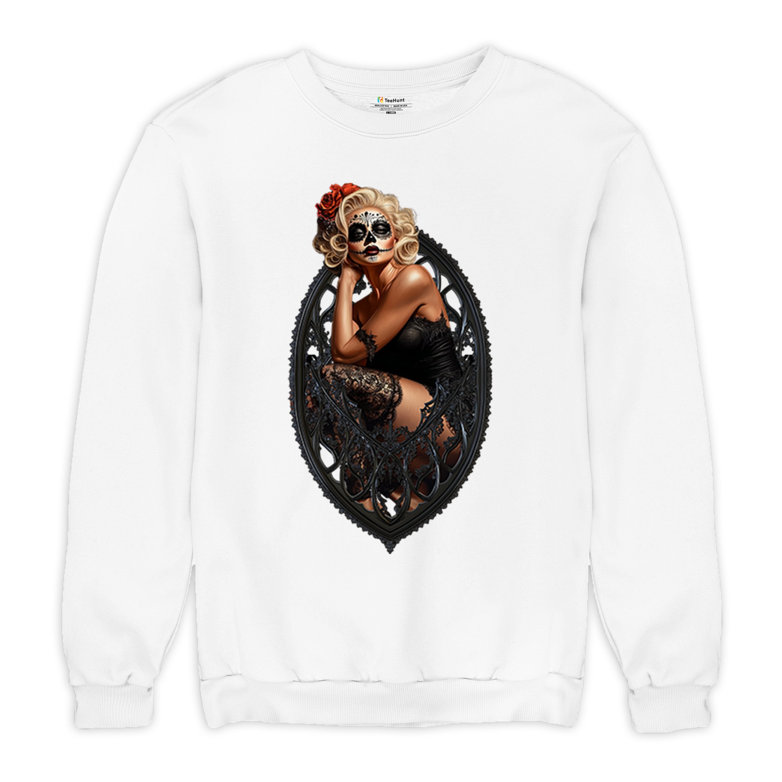 Gothic Sugar Skull Pinup Sweatshirt Dia de los Muertos Dark Seductive Crewneck - Picture 27 of 50