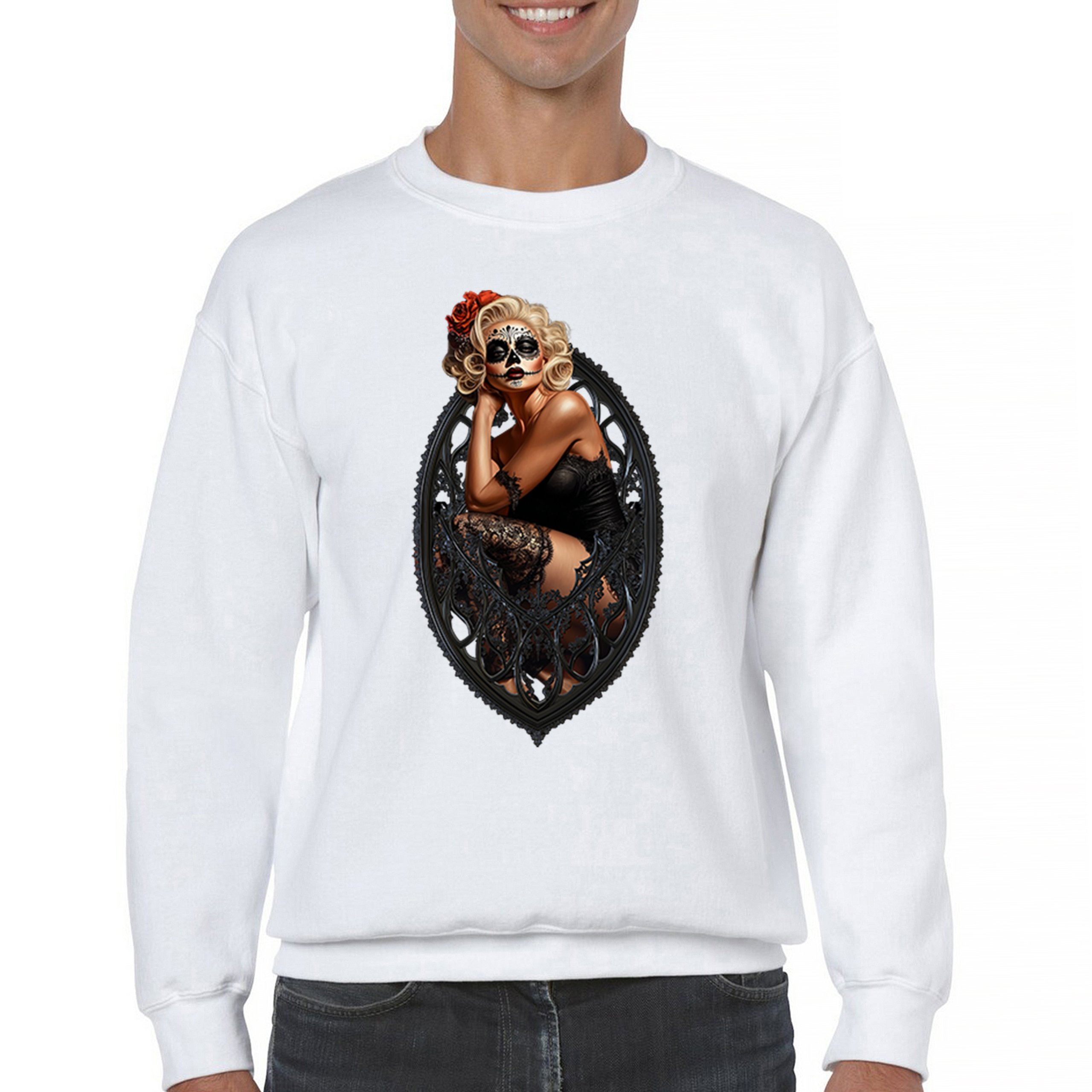 Gothic Sugar Skull Pinup Sweatshirt Dia de los Muertos Dark Seductive Crewneck - Picture 23 of 50