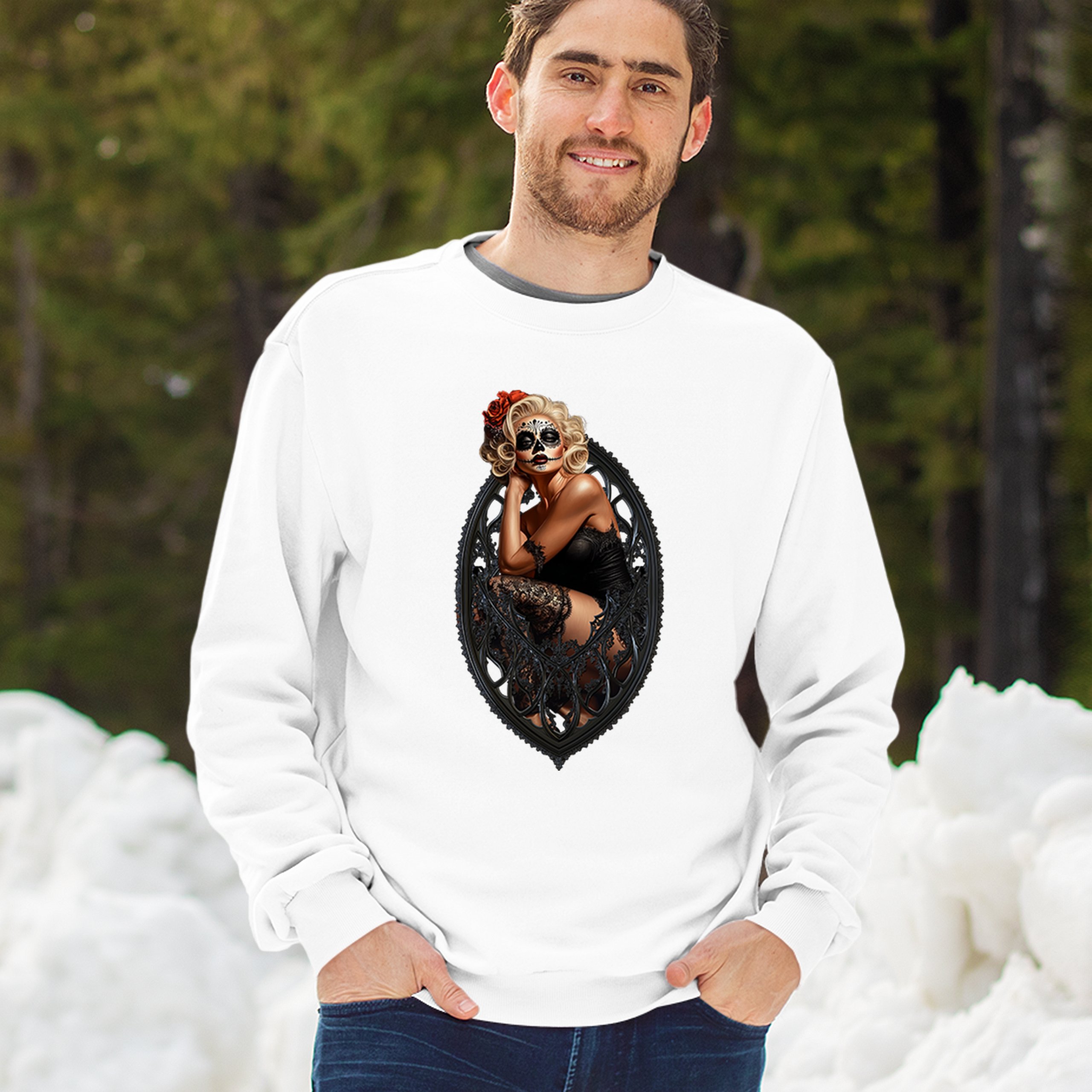 Gothic Sugar Skull Pinup Sweatshirt Dia de los Muertos Dark Seductive Crewneck - Picture 26 of 50
