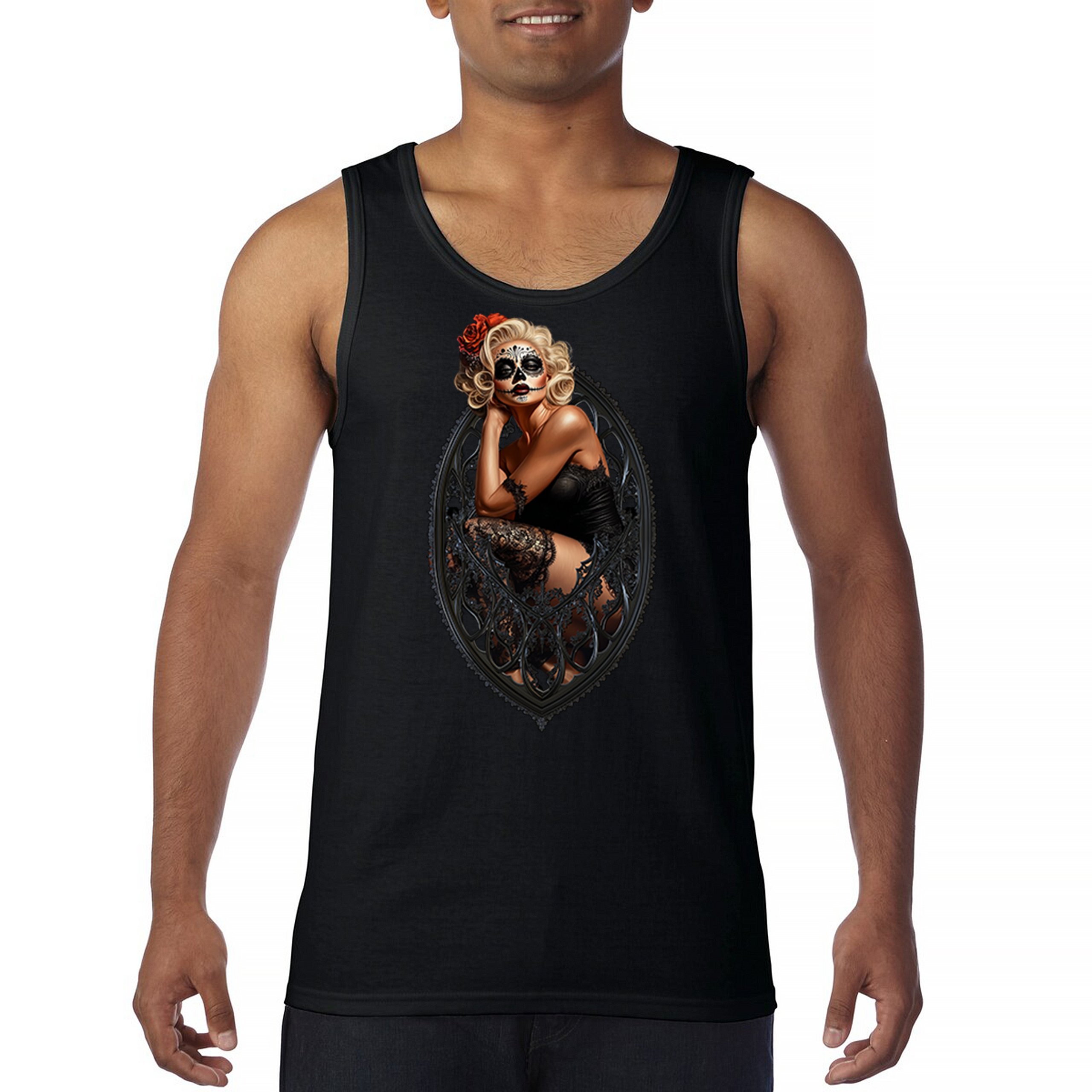 Gothic Sugar Skull Pinup Tank Top Dia de los Muertos Dark Seductive Men’s Top