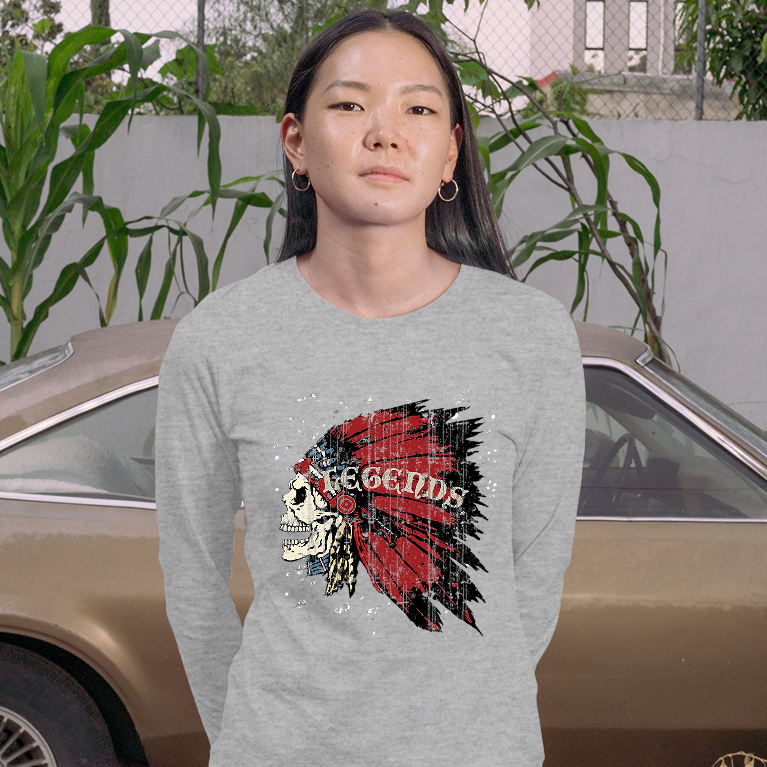 Native American Legends Women's Long Sleeve T-shirt Skull War Bonnet Headdress - Picture 9 of 29