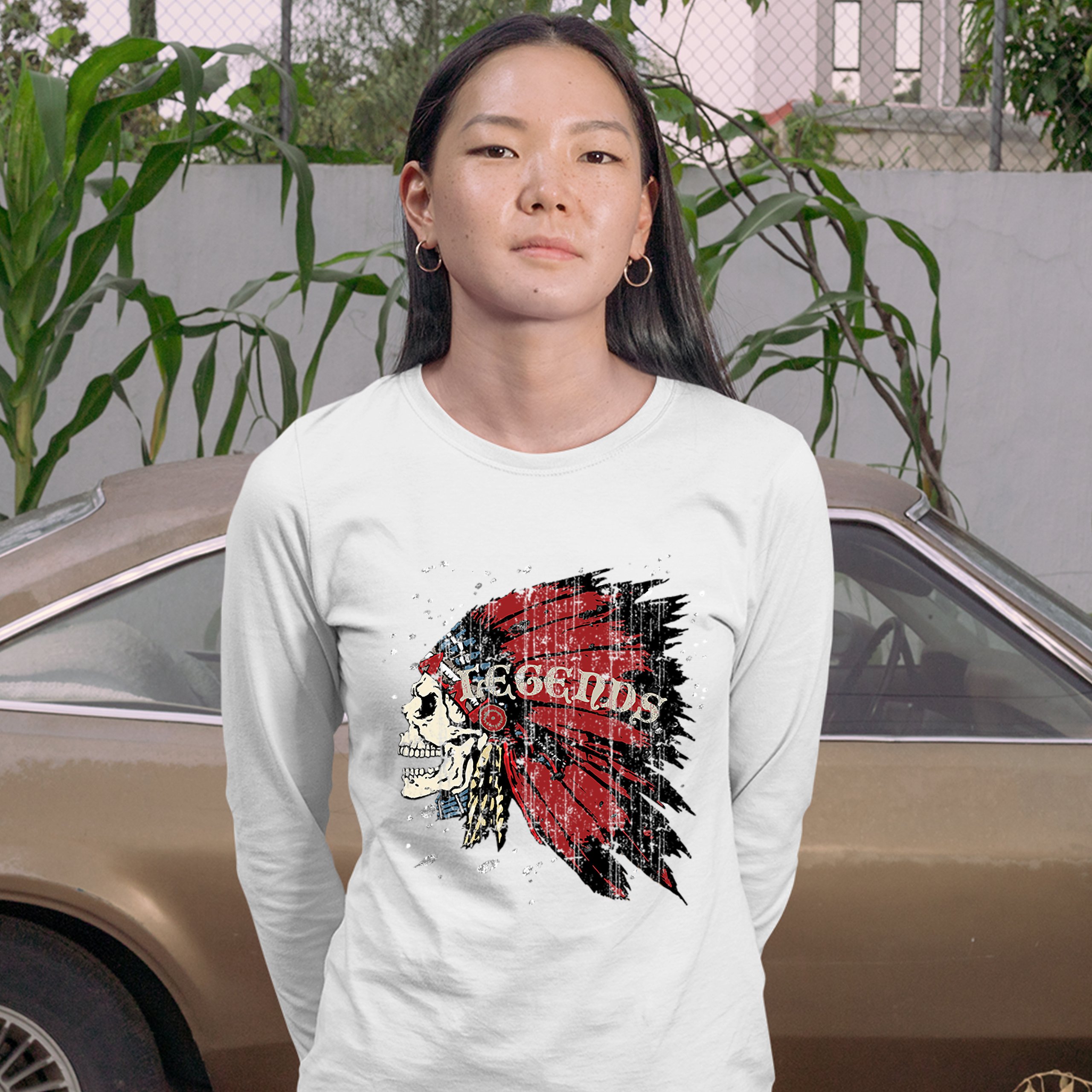 Native American Legends Women's Long Sleeve T-shirt Skull War Bonnet Headdress - Picture 17 of 29