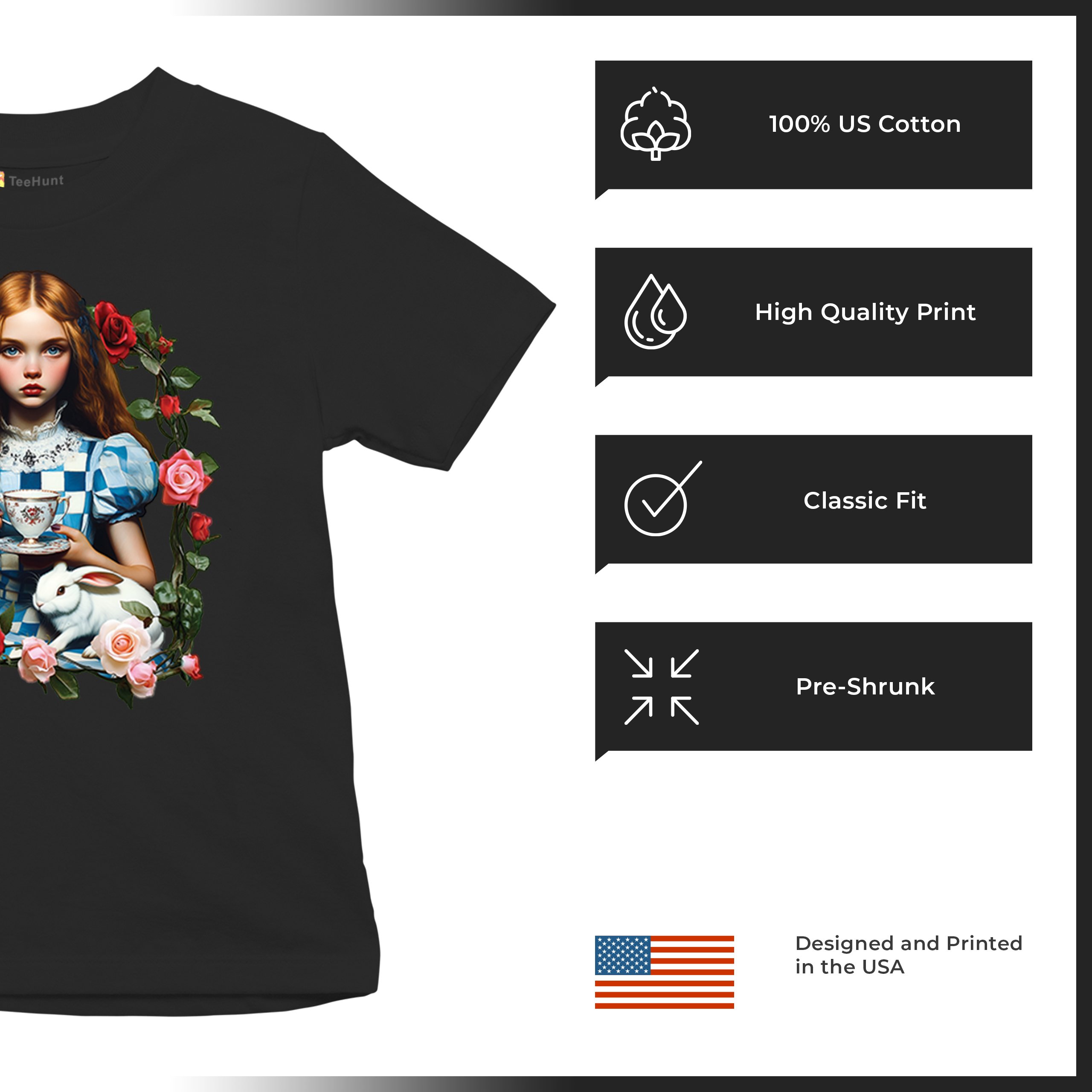 Storybook Alice Tea Party Youth T-shirt Wonderland Girl Fairytale Rabbit Kids - Picture 7 of 50