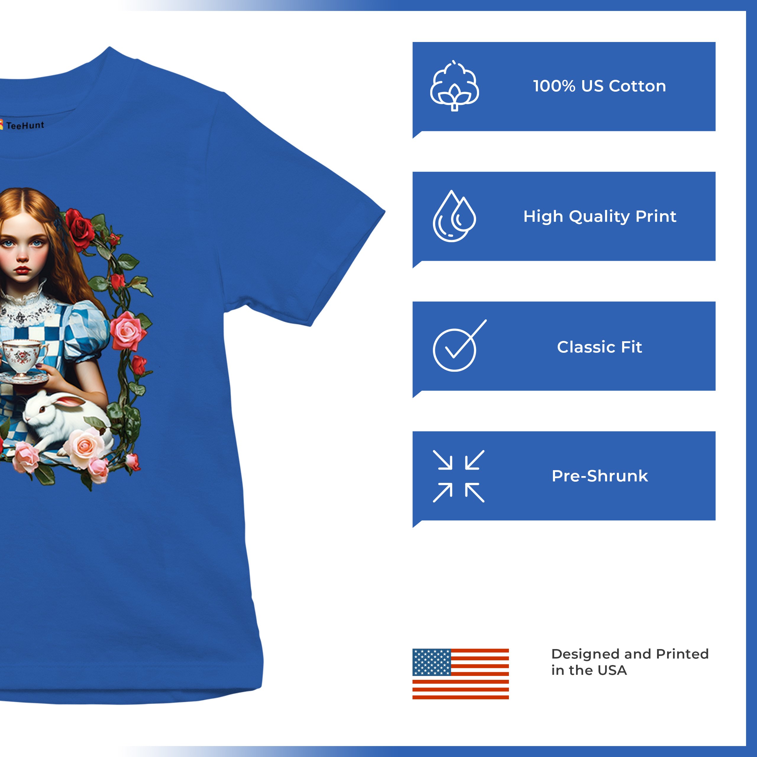 Storybook Alice Tea Party Youth T-shirt Wonderland Girl Fairytale Rabbit Kids - Picture 42 of 50