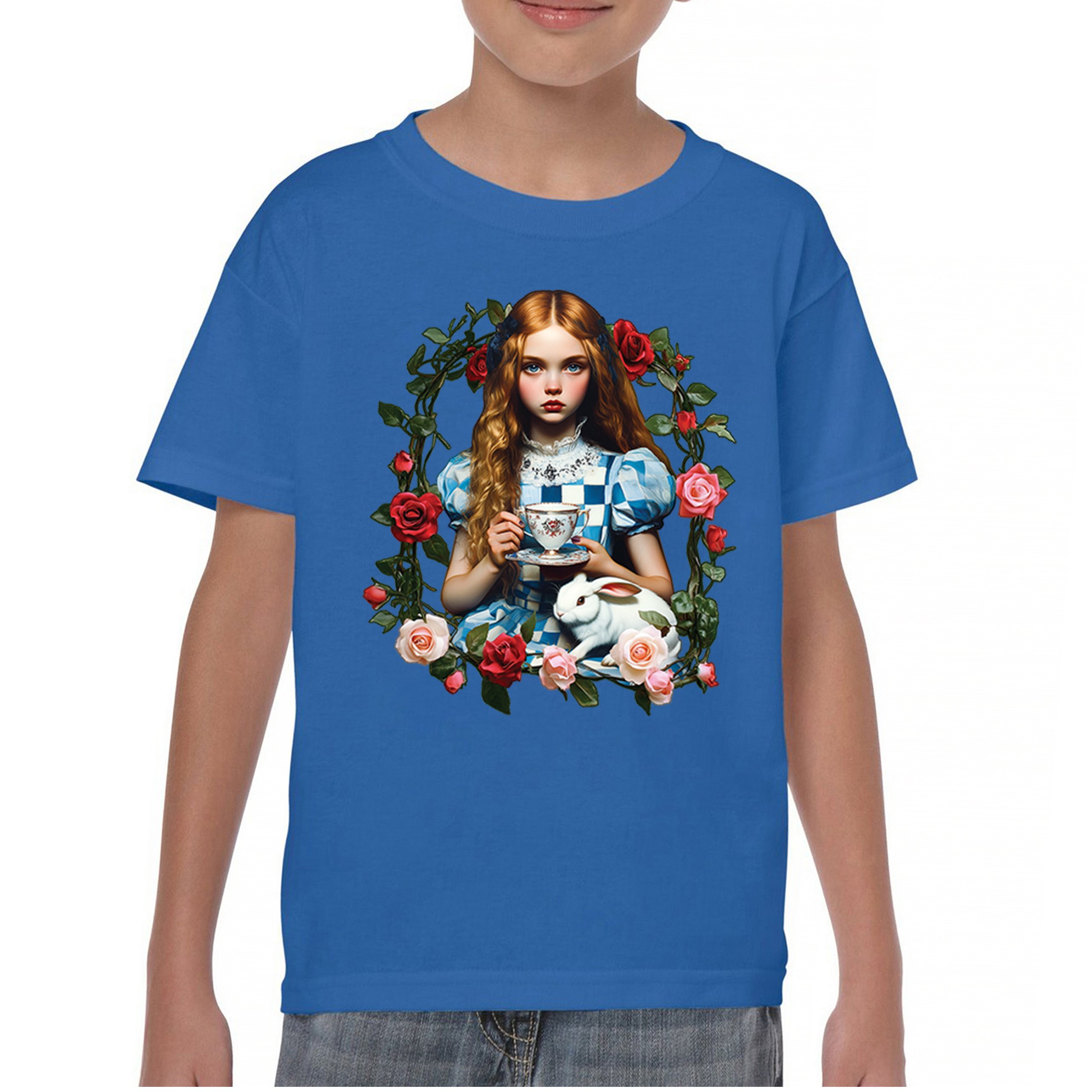 Storybook Alice Tea Party Youth T-shirt Wonderland Girl Fairytale Rabbit Kids - Picture 37 of 50