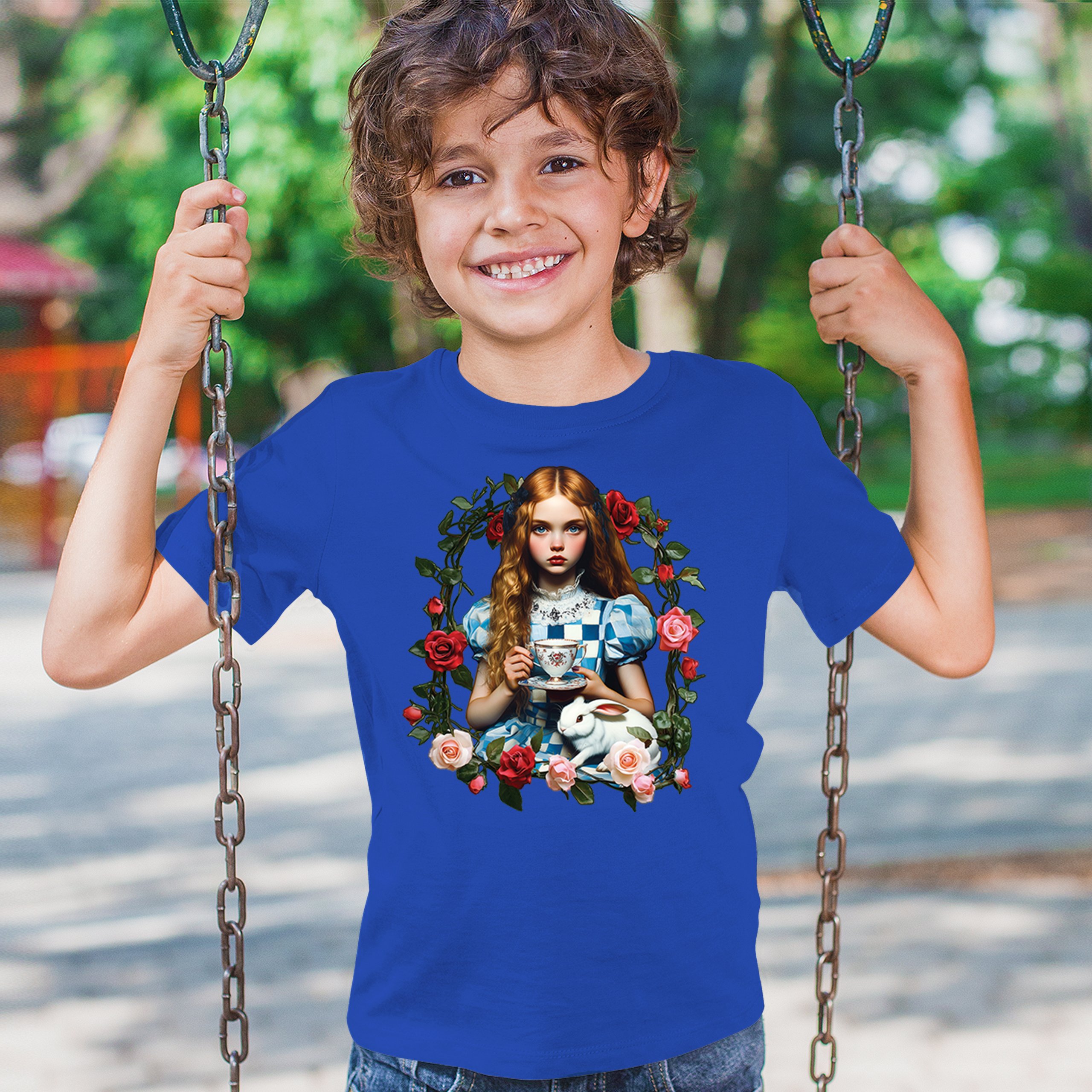 Storybook Alice Tea Party Youth T-shirt Wonderland Girl Fairytale Rabbit Kids - Picture 40 of 50