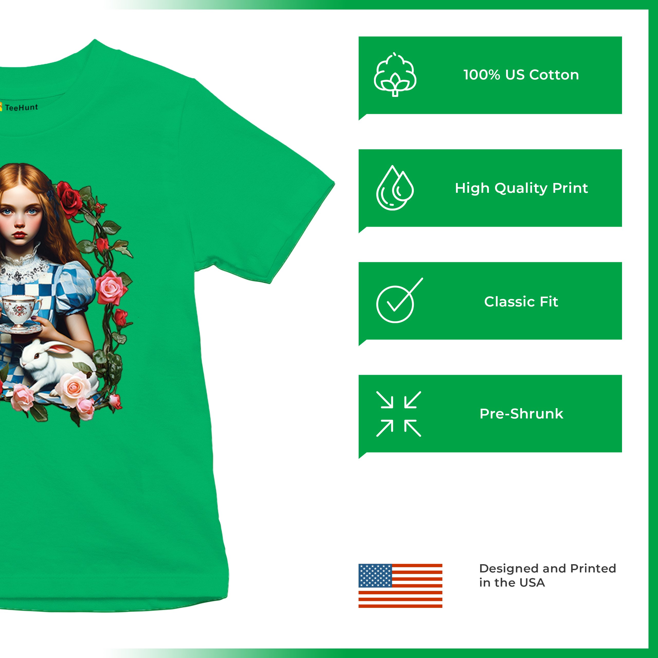 Storybook Alice Tea Party Youth T-shirt Wonderland Girl Fairytale Rabbit Kids - Picture 35 of 50