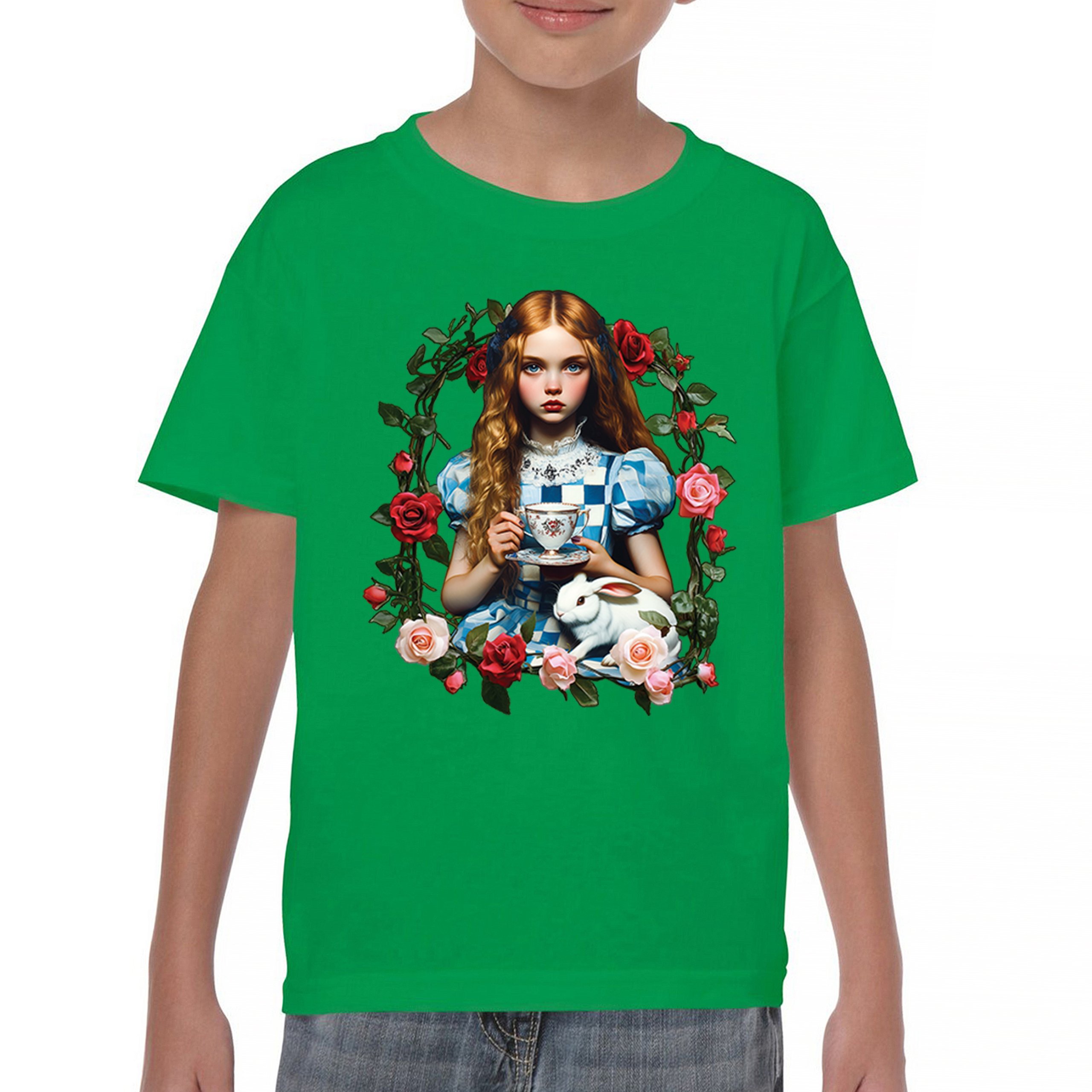 Storybook Alice Tea Party Youth T-shirt Wonderland Girl Fairytale Rabbit Kids - Picture 30 of 50