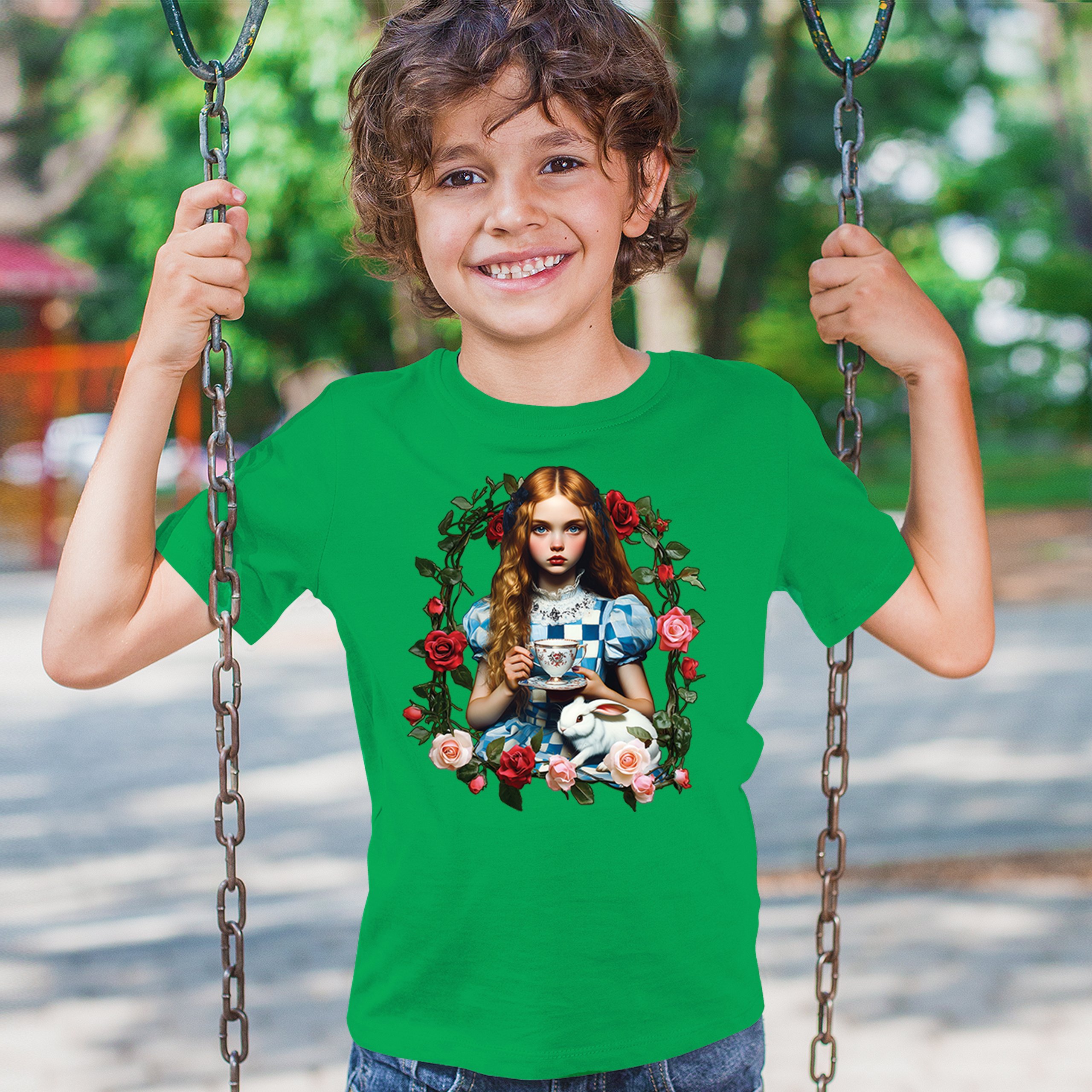 Storybook Alice Tea Party Youth T-shirt Wonderland Girl Fairytale Rabbit Kids - Picture 33 of 50
