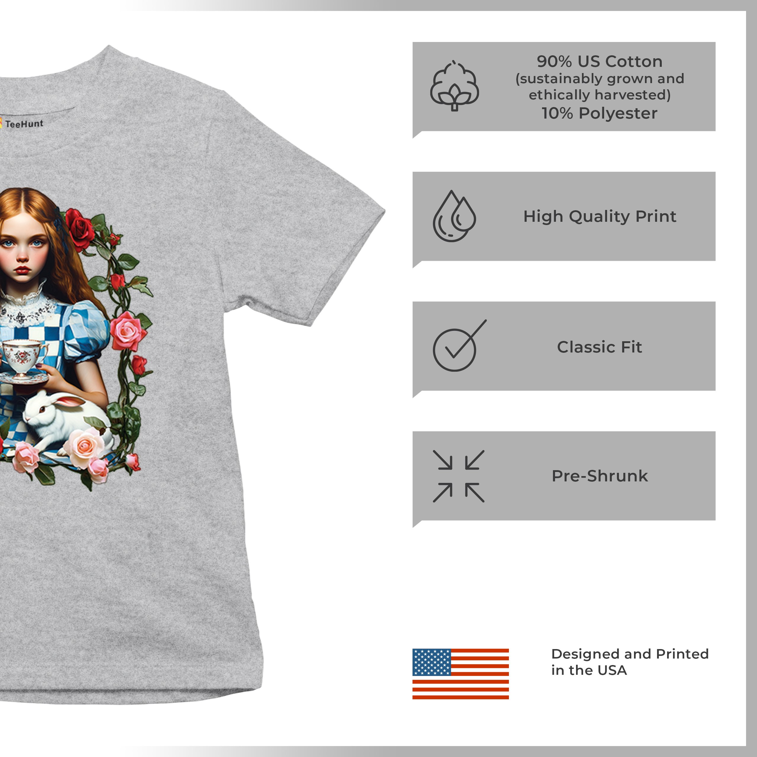 Storybook Alice Tea Party Youth T-shirt Wonderland Girl Fairytale Rabbit Kids - Picture 14 of 50