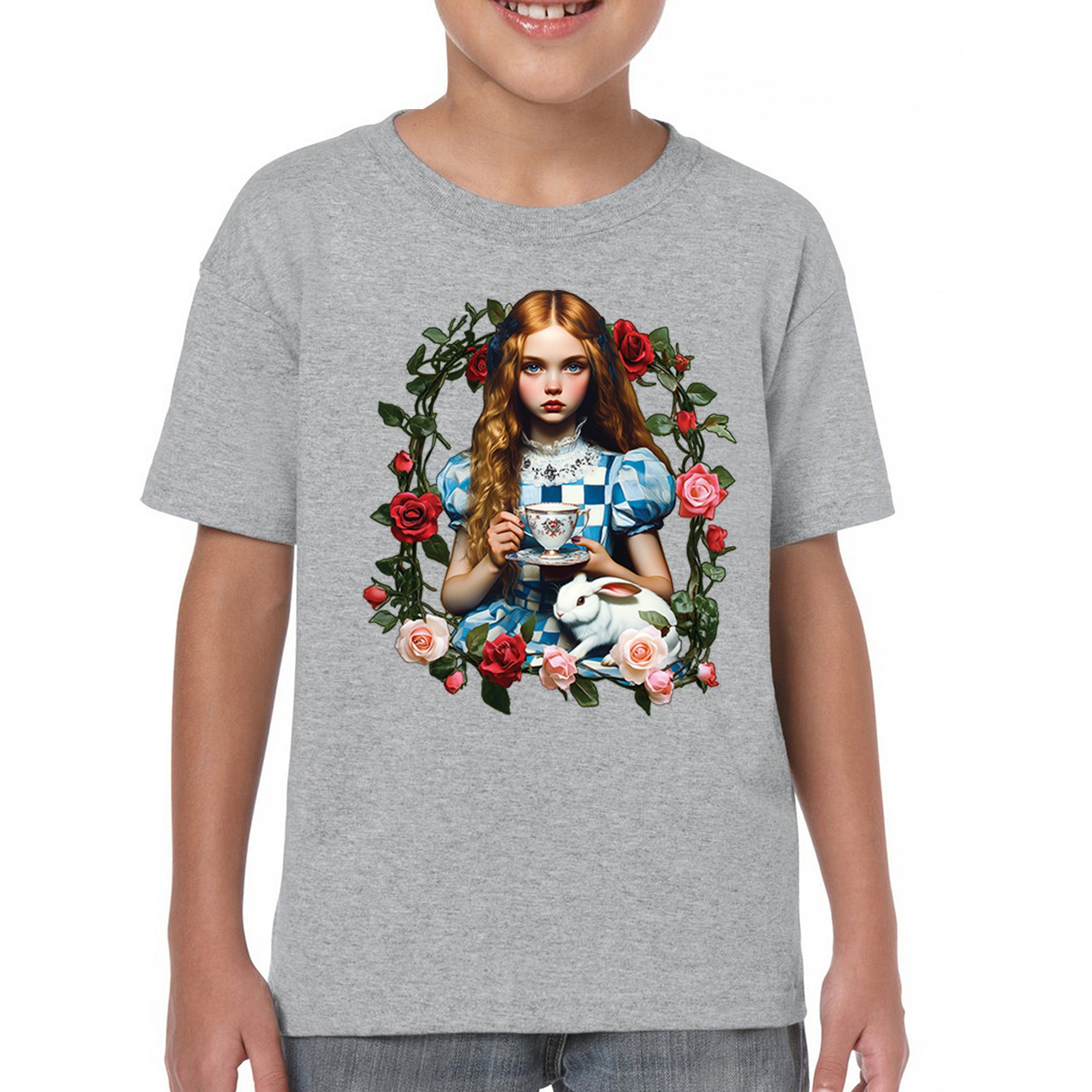 Storybook Alice Tea Party Youth T-shirt Wonderland Girl Fairytale Rabbit Kids - Picture 9 of 50