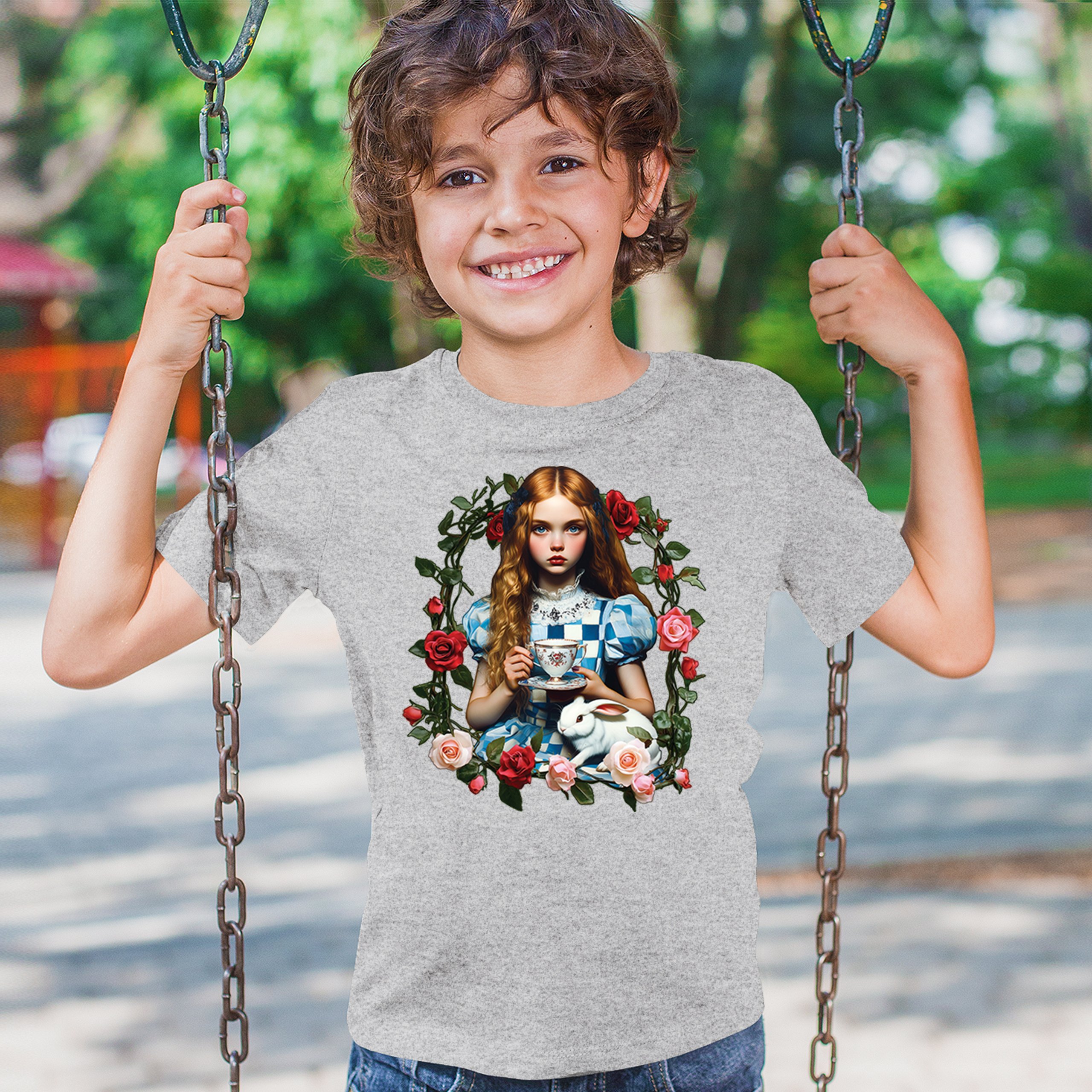 Storybook Alice Tea Party Youth T-shirt Wonderland Girl Fairytale Rabbit Kids - Picture 12 of 50