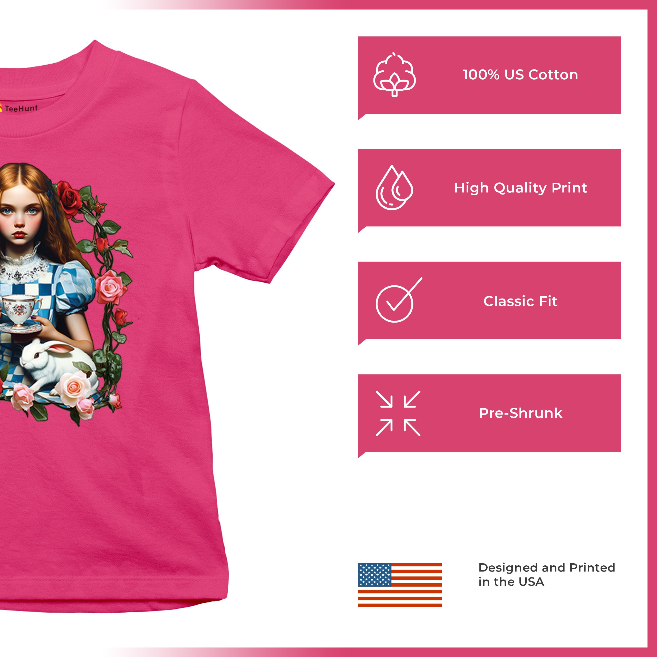 Storybook Alice Tea Party Youth T-shirt Wonderland Girl Fairytale Rabbit Kids - Picture 49 of 50